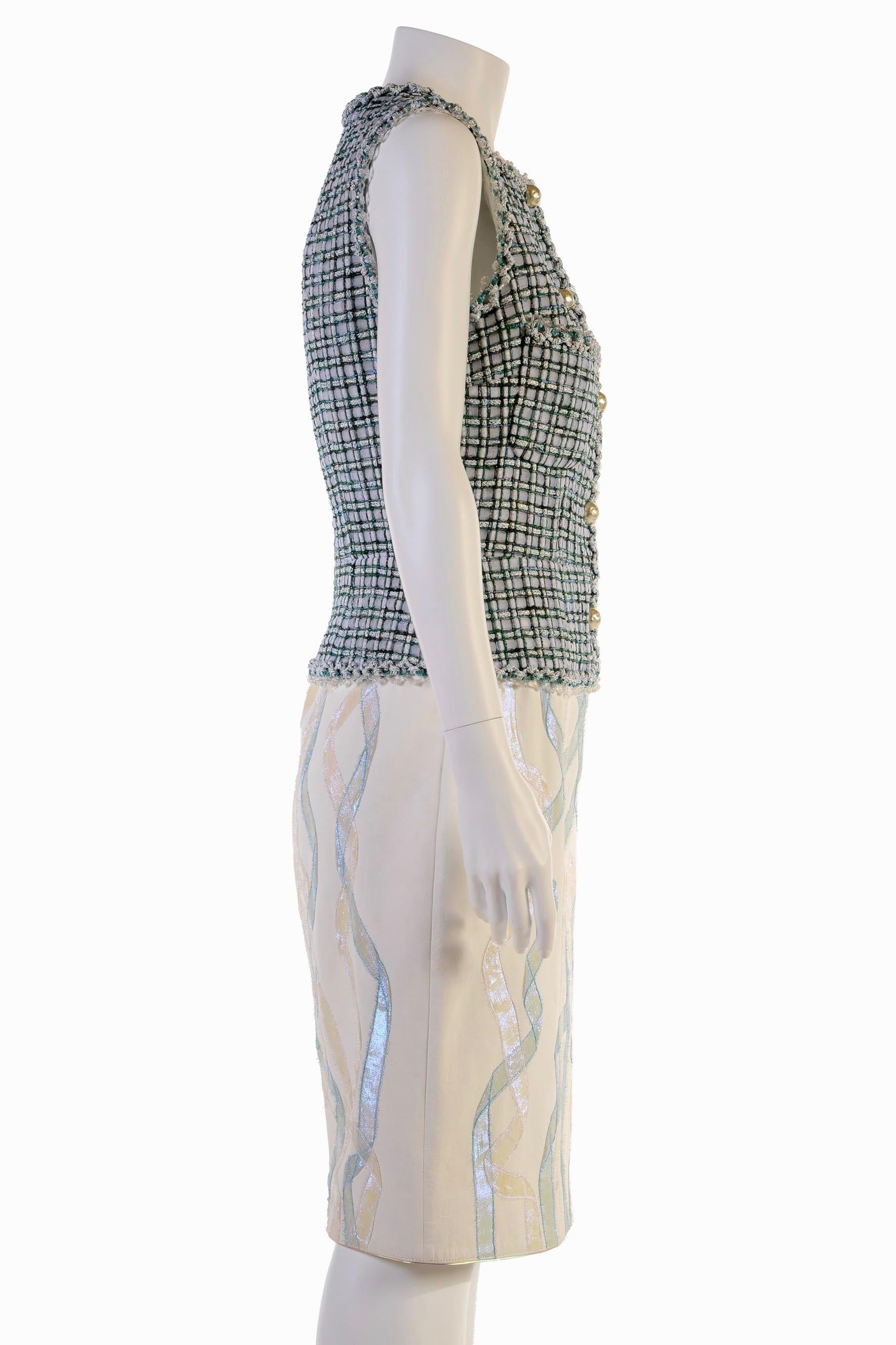 White CHANEL  green Lesage and ivory leather dress FR 40  Spring 2012  12P  For Sale