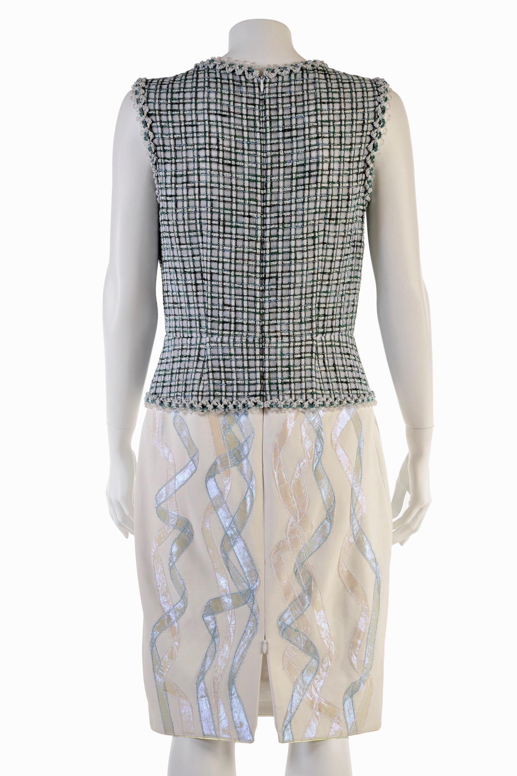 Women's CHANEL  green Lesage and ivory leather dress FR 40  Spring 2012  12P  For Sale
