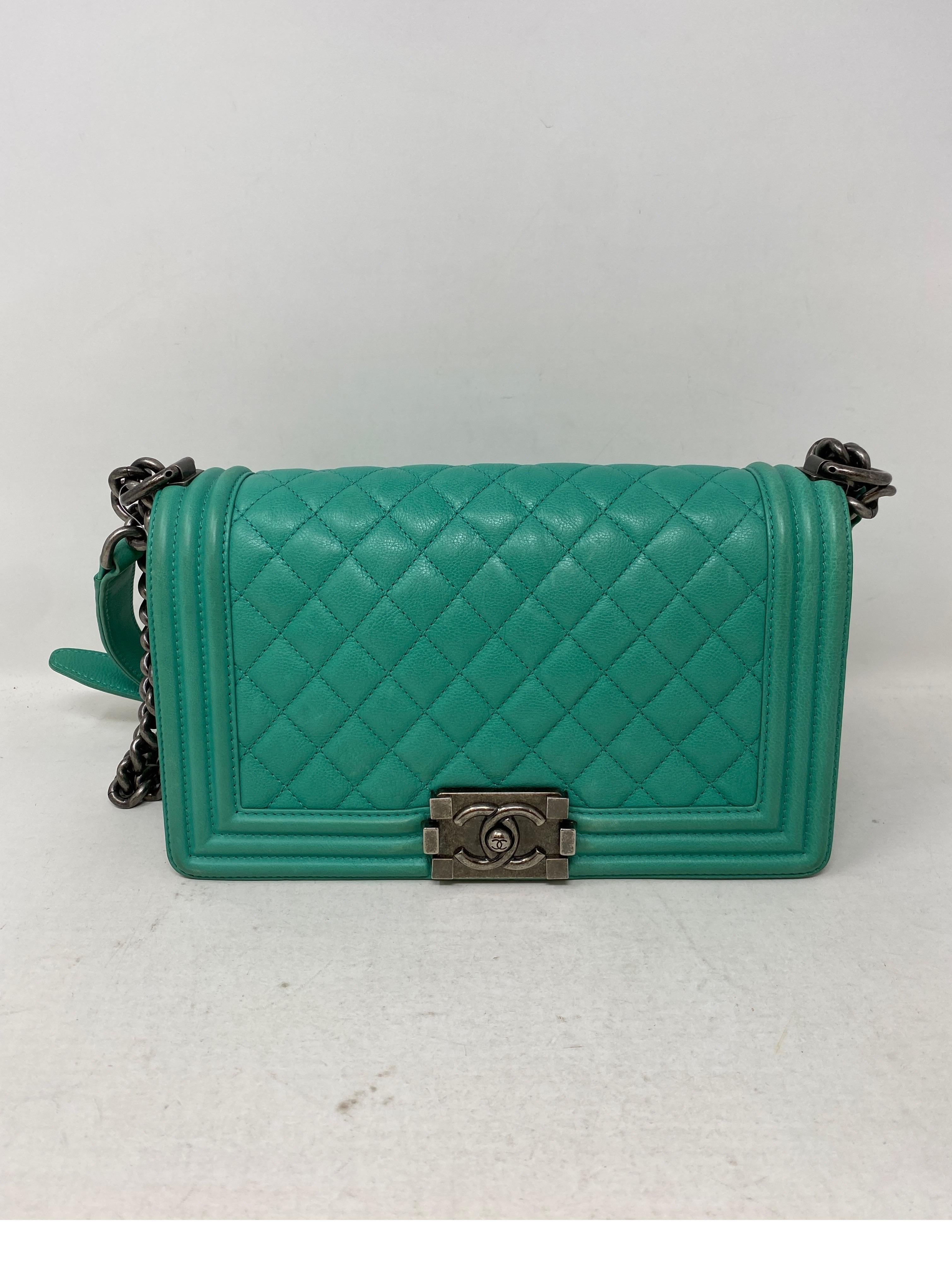 Chanel Green Medium Boy Bag. Mint green color bag. Ruthenium hardware. Good condition. Light corner wear. Rare color. Guaranteed authentic. 