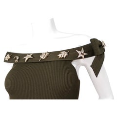 Chanel Green Off-The-Shoulder Crystal Brooch Detailed Knit Dress 2008