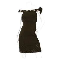 Chanel Green Off-The-Shoulder Crystal Brooch Detailed Knit Dress 2008