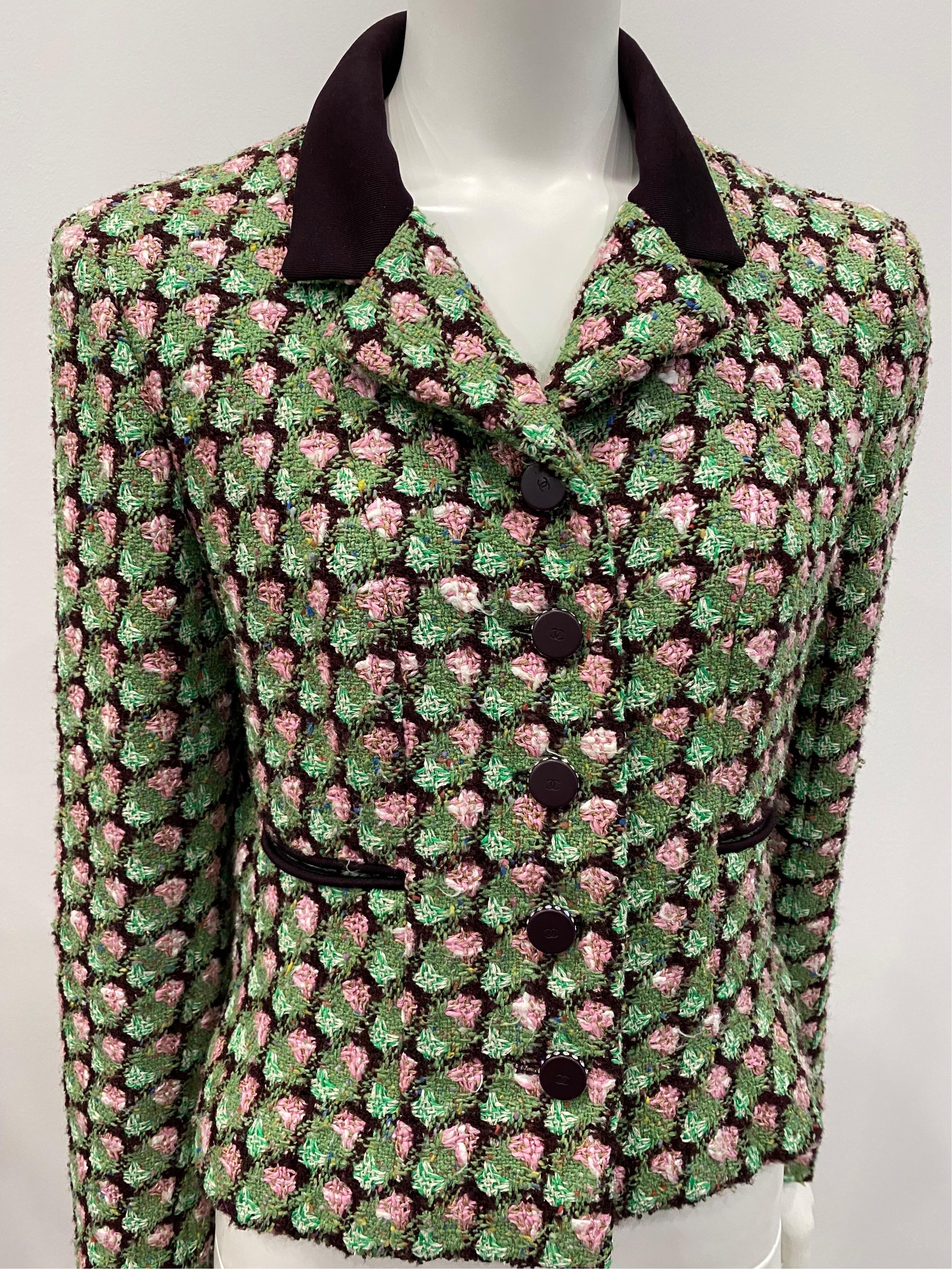 Black Chanel Green Pink and Brown Boucle Jacket - Sz 40