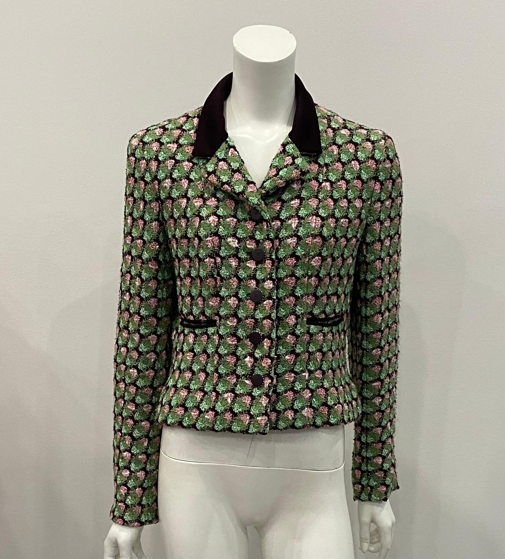Chanel Green, Pink and Brown Boucle Single Breasted Jacket - Sz 40/42 (Size Tag is missing) This amazing jacket has 5 Brown buttons with a cc and rhinestones all around. Each sleeve also has 1 functional button hole with piping. The jacket has 2