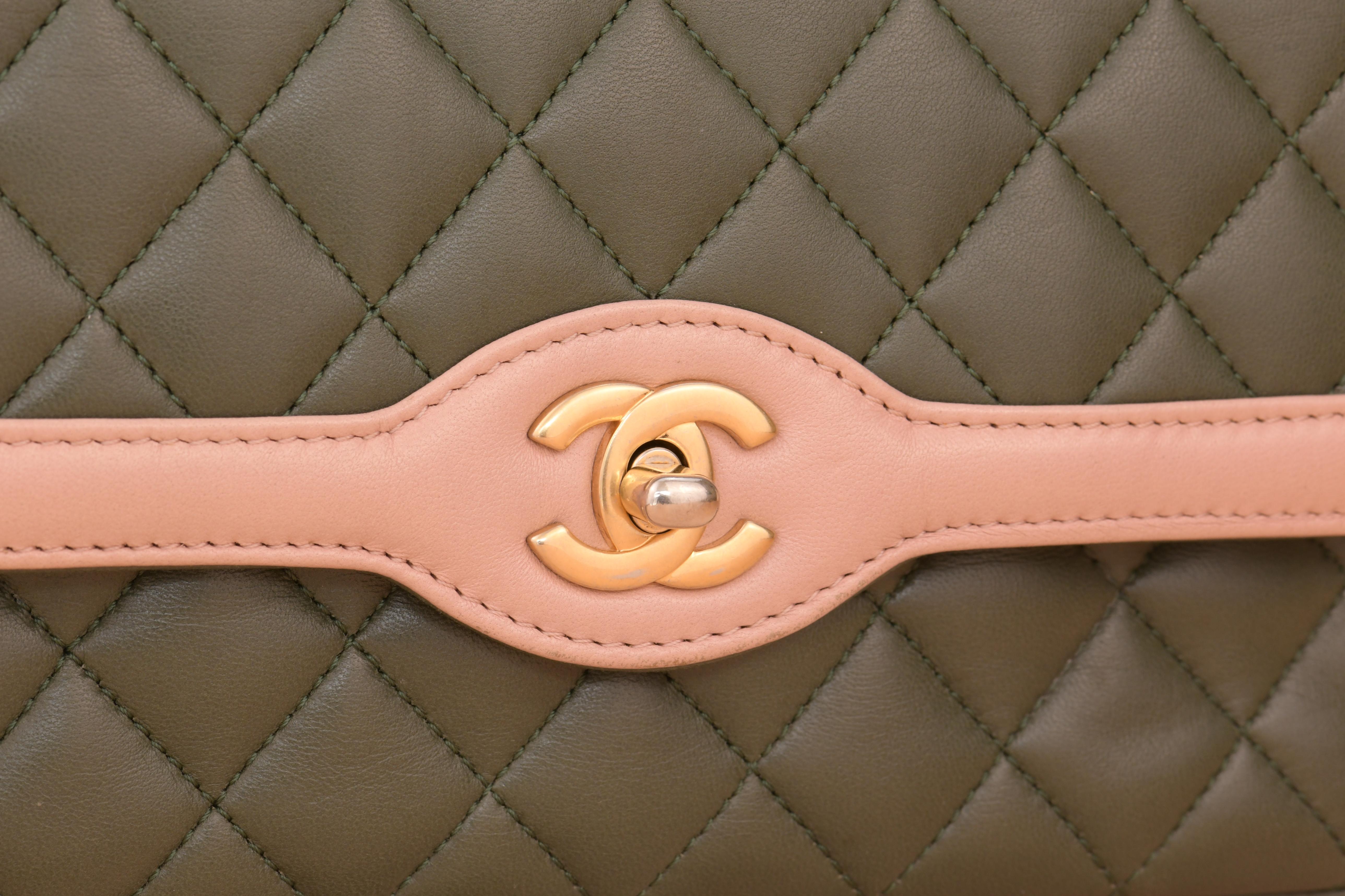 CHANEL Green & Pink Quilted Lambskin Single Flap Bag For Sale 3