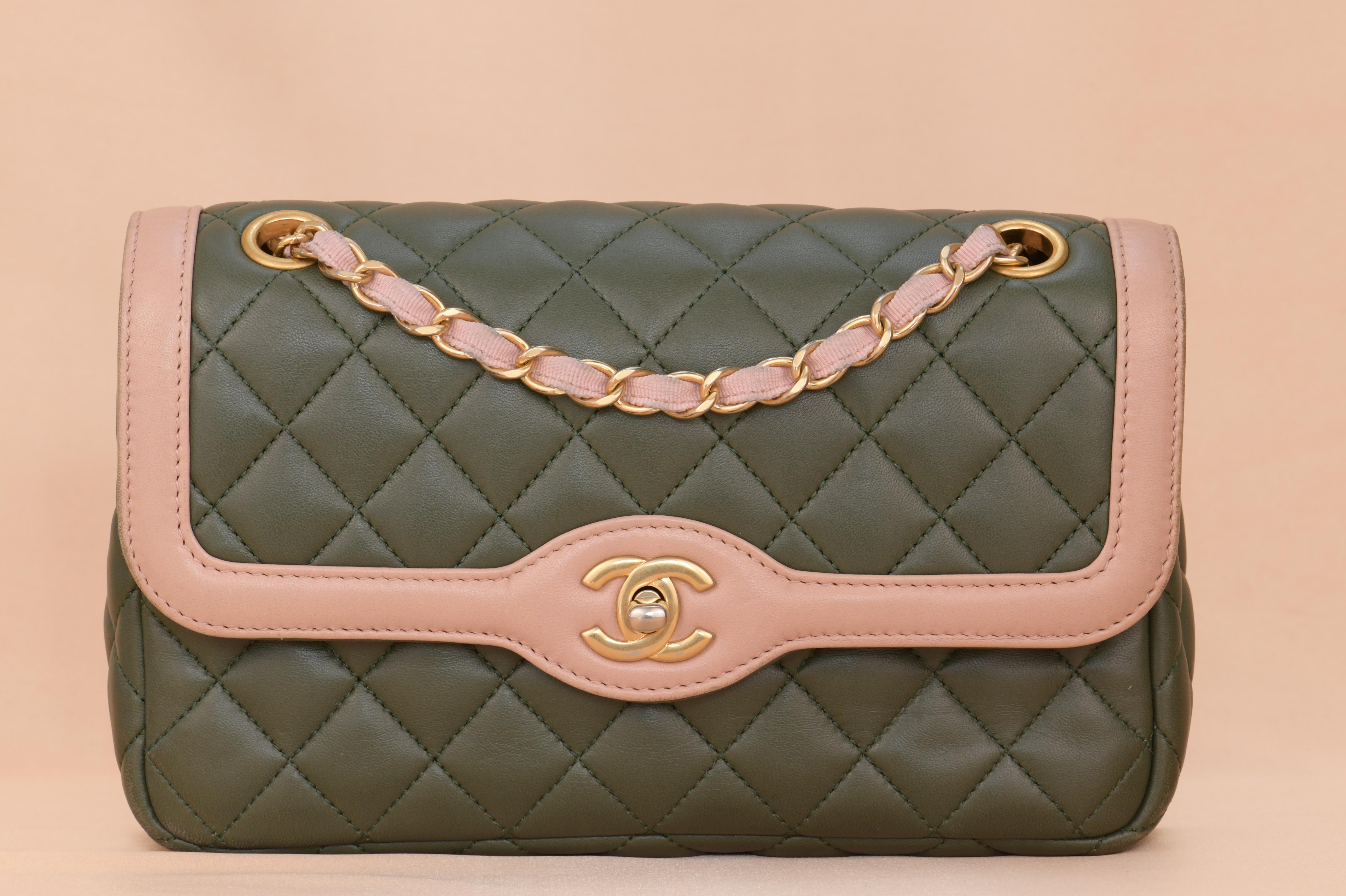 Black CHANEL Green & Pink Quilted Lambskin Single Flap Bag For Sale