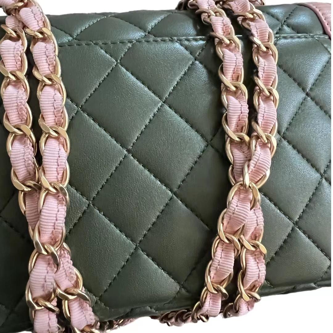 CHANEL Green & Pink Quilted Lambskin Single Flap Bag In Good Condition In Aurora, IL