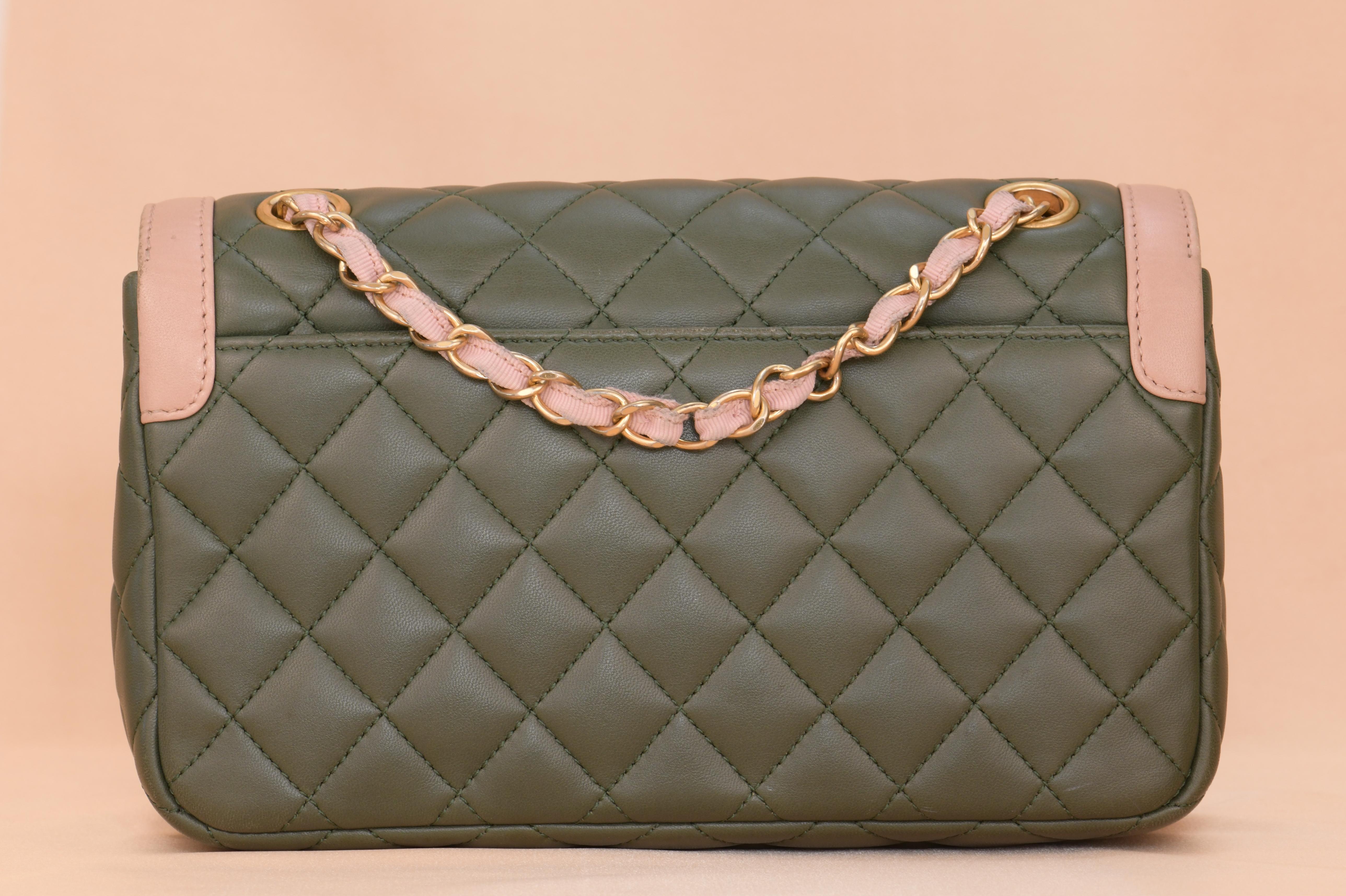 CHANEL Green & Pink Quilted Lambskin Single Flap Bag In Excellent Condition For Sale In Banbury, GB