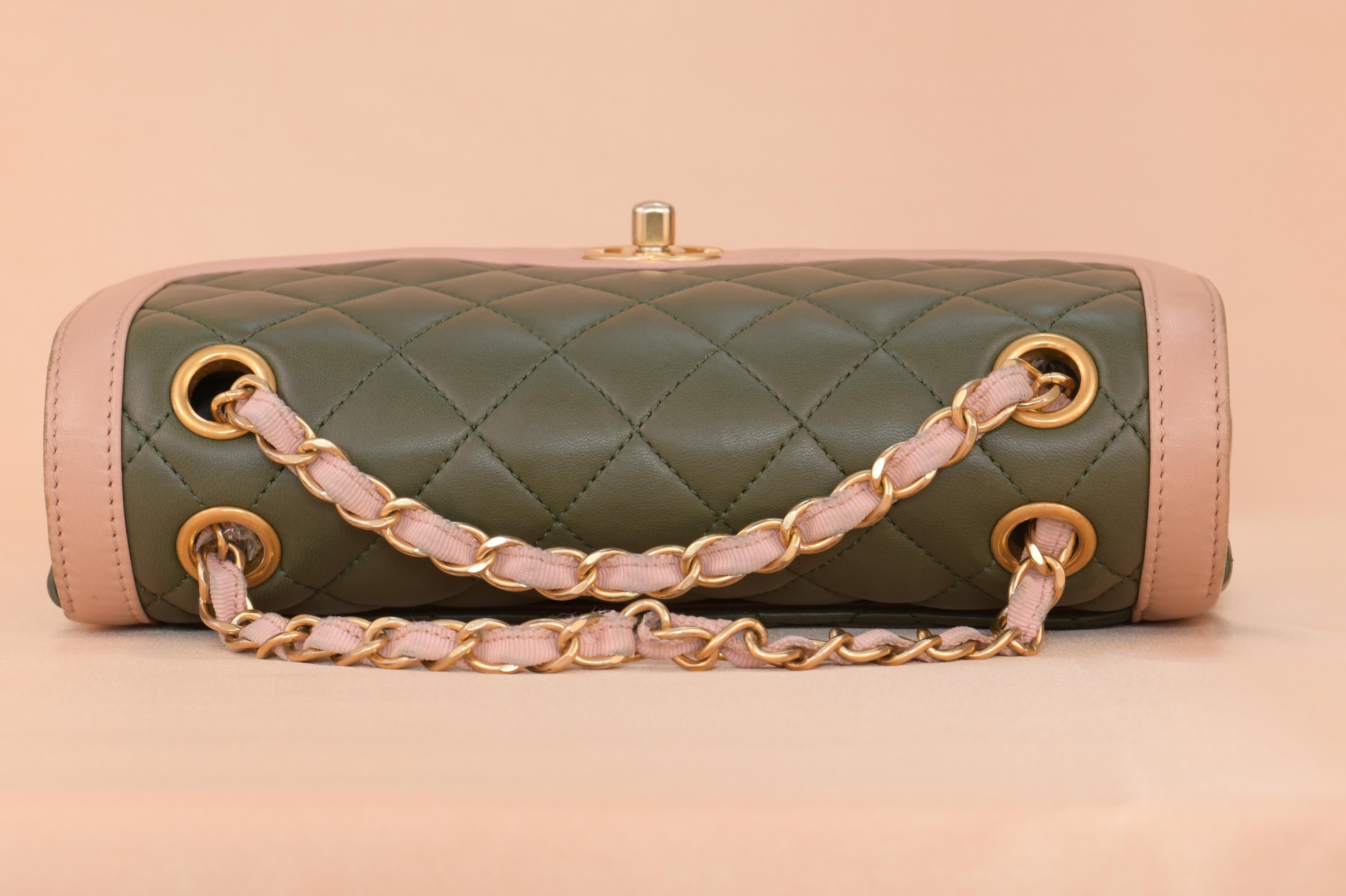 CHANEL Green & Pink Quilted Lambskin Single Flap Bag For Sale 1