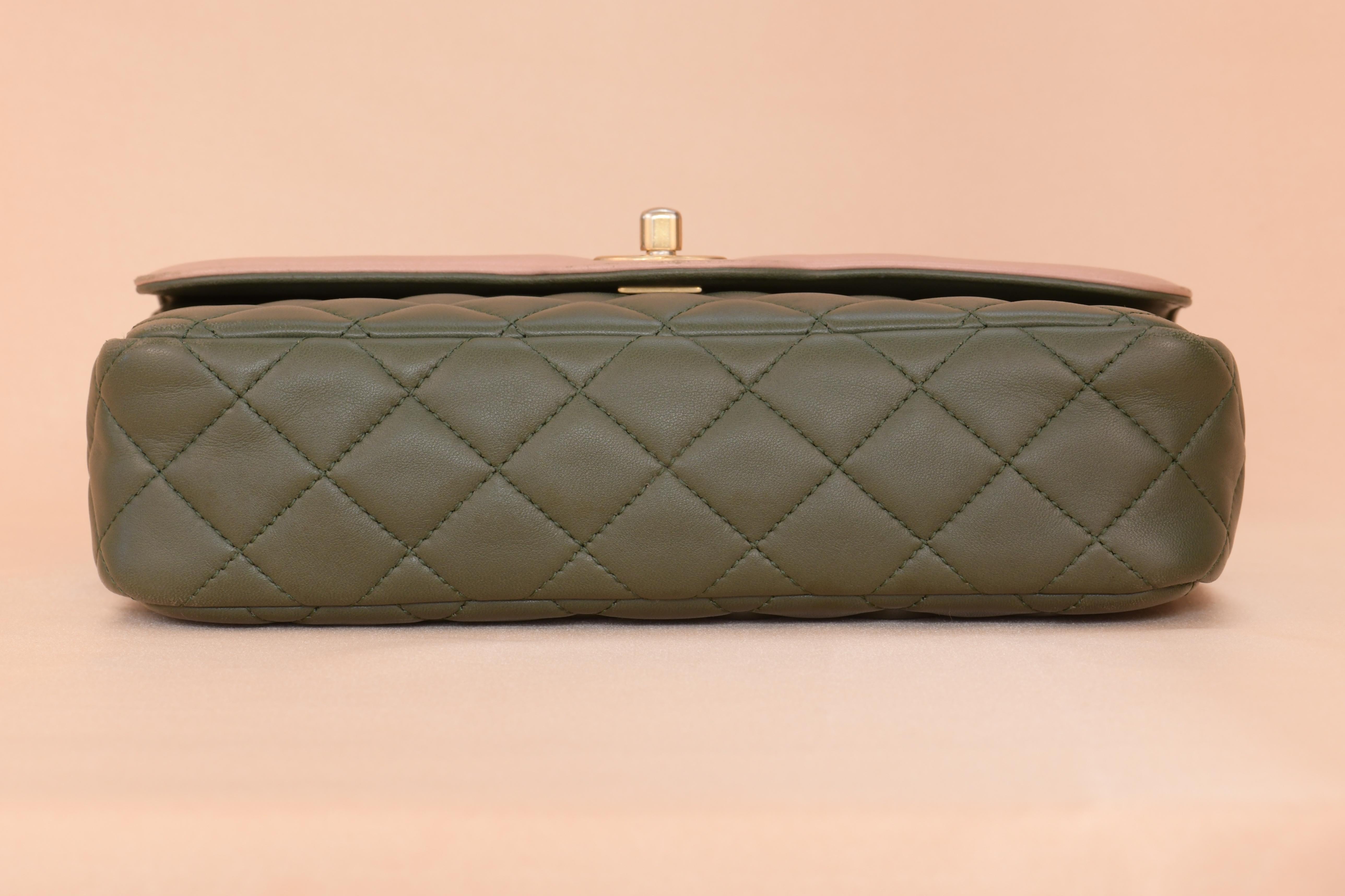 CHANEL Green & Pink Quilted Lambskin Single Flap Bag For Sale 2