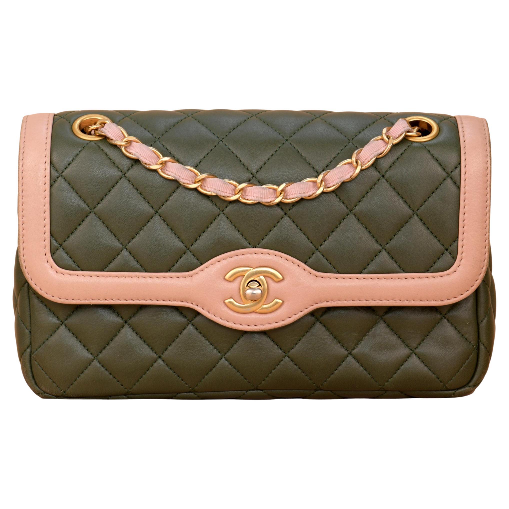 CHANEL Green & Pink Quilted Lambskin Single Flap Bag For Sale