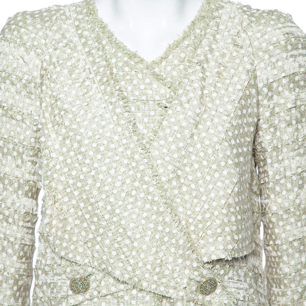 Chanel Green Polka Dotted Overlay Tweed Button Front Blazer M 2