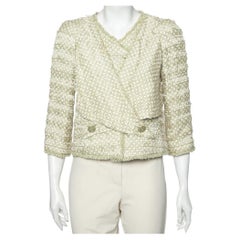 Chanel Green Polka Dotted Overlay Tweed Button Front Blazer M