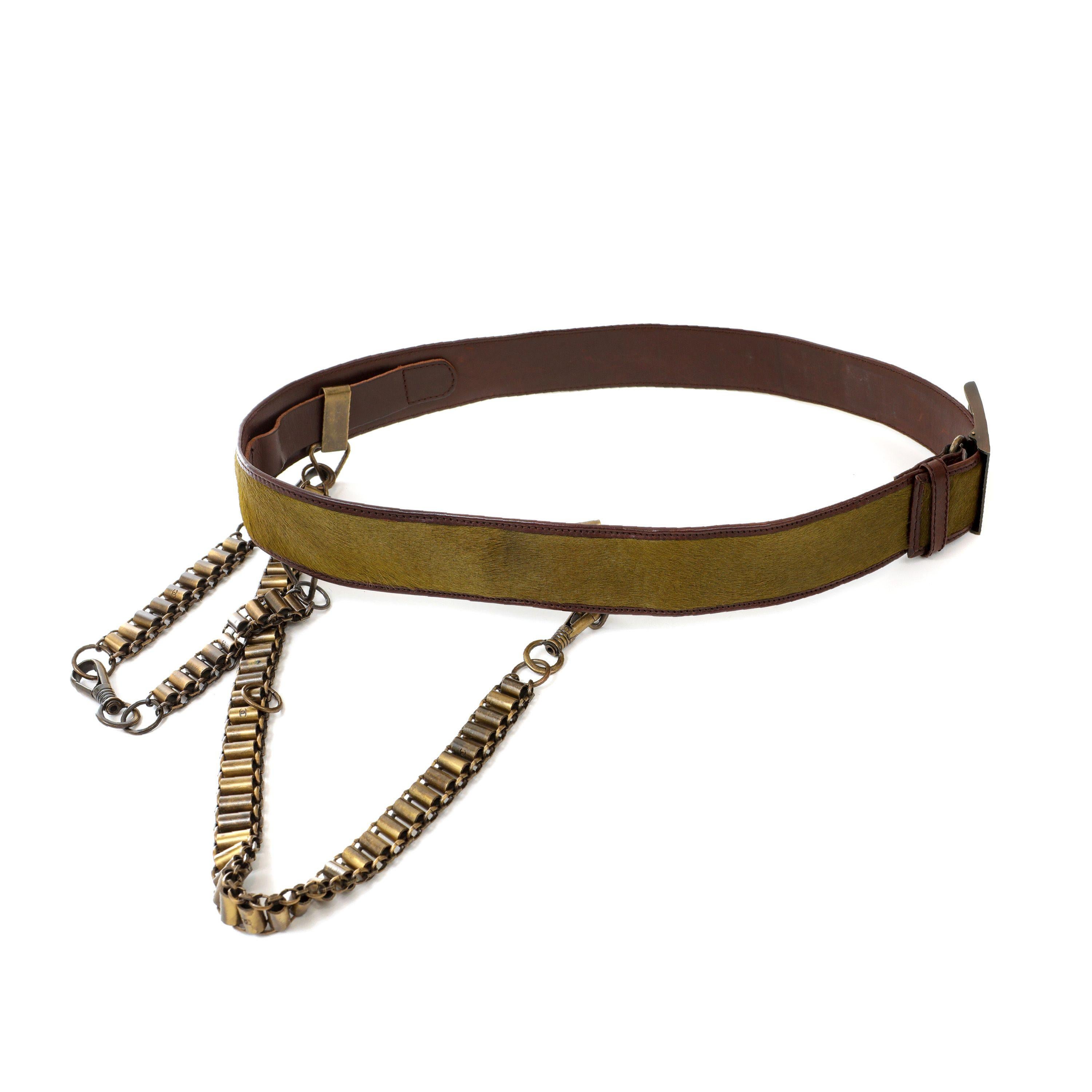 Brown Chanel Green Pony Hair and Draped Chains Runway Belt For Sale