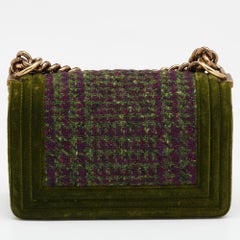 Chanel Green/Purple Quilted Velvet and Tweed Small Boy Flap Bag