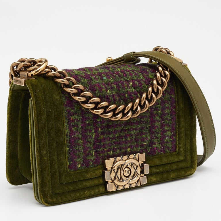 Chanel Green/Purple Quilted Velvet and Tweed Small Boy Flap Bag