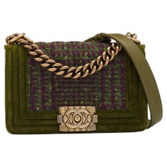 Chanel Green/Purple Quilted Velvet and Tweed Small Boy Flap Bag