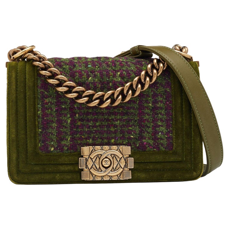 Chanel Green/Purple Quilted Velvet and Tweed Small Boy Flap Bag at