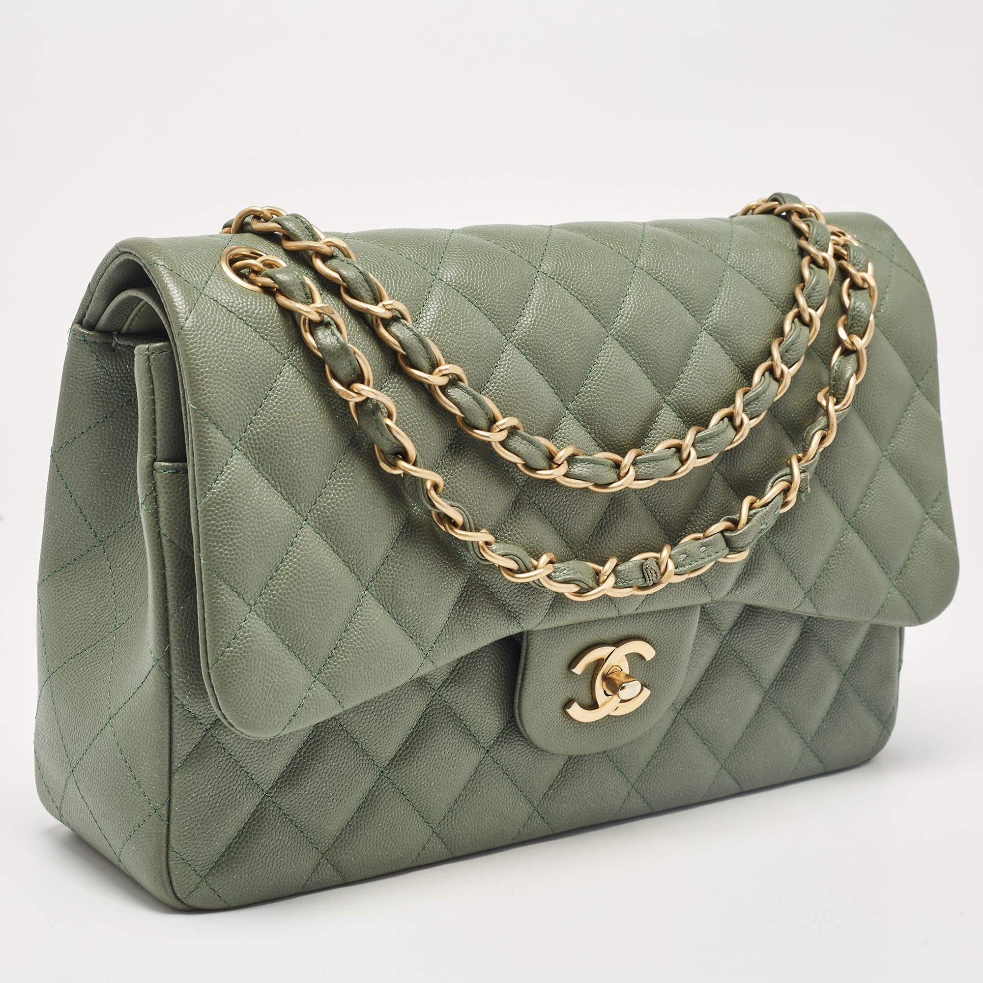Gray Chanel Green Quilted Caviar Leather Jumbo Classic Double Flap Bag