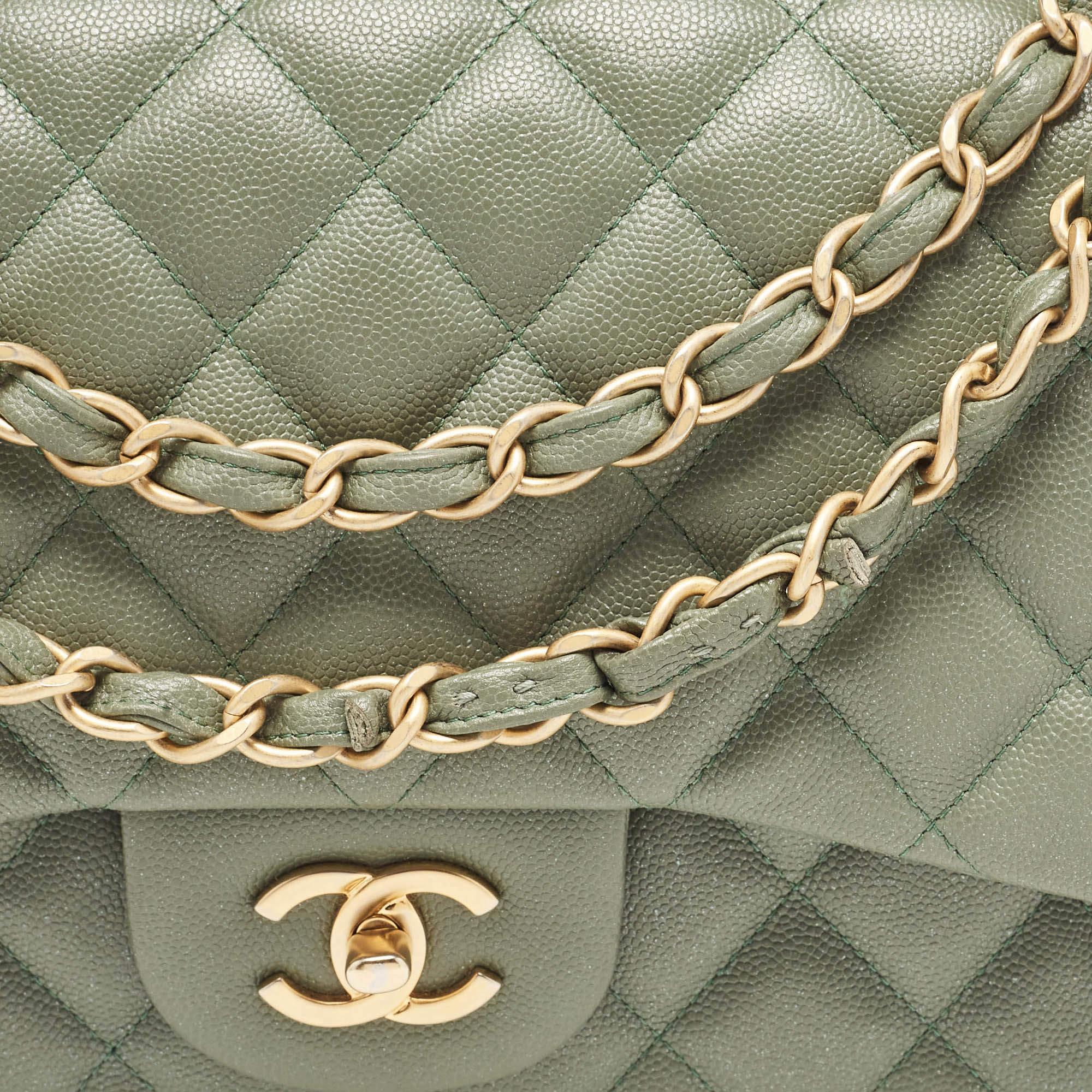 Chanel Green Quilted Caviar Leather Jumbo Classic Double Flap Bag 1