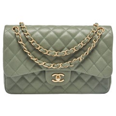 Chanel Green Quilted Caviar Leather Jumbo Classic Double Flap Bag