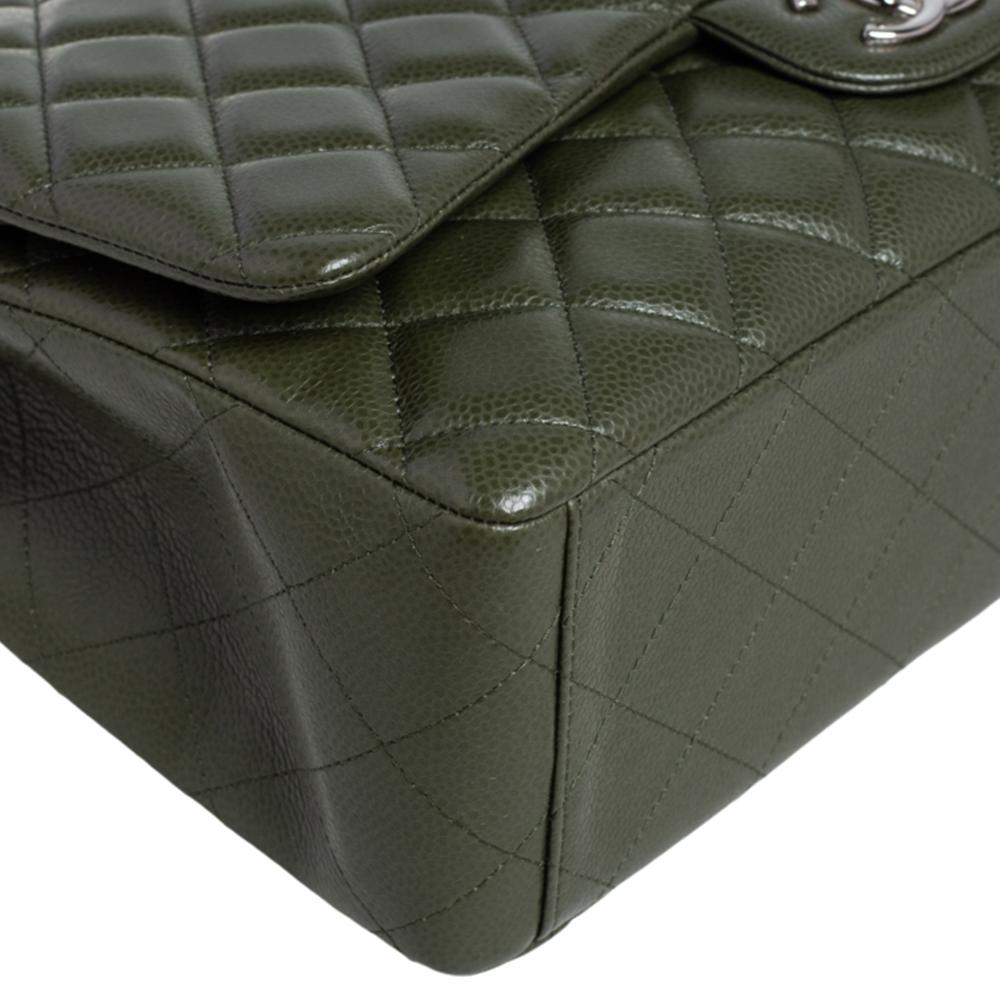 Chanel Green Quilted Caviar Leather Maxi Classic Double Flap Bag 5