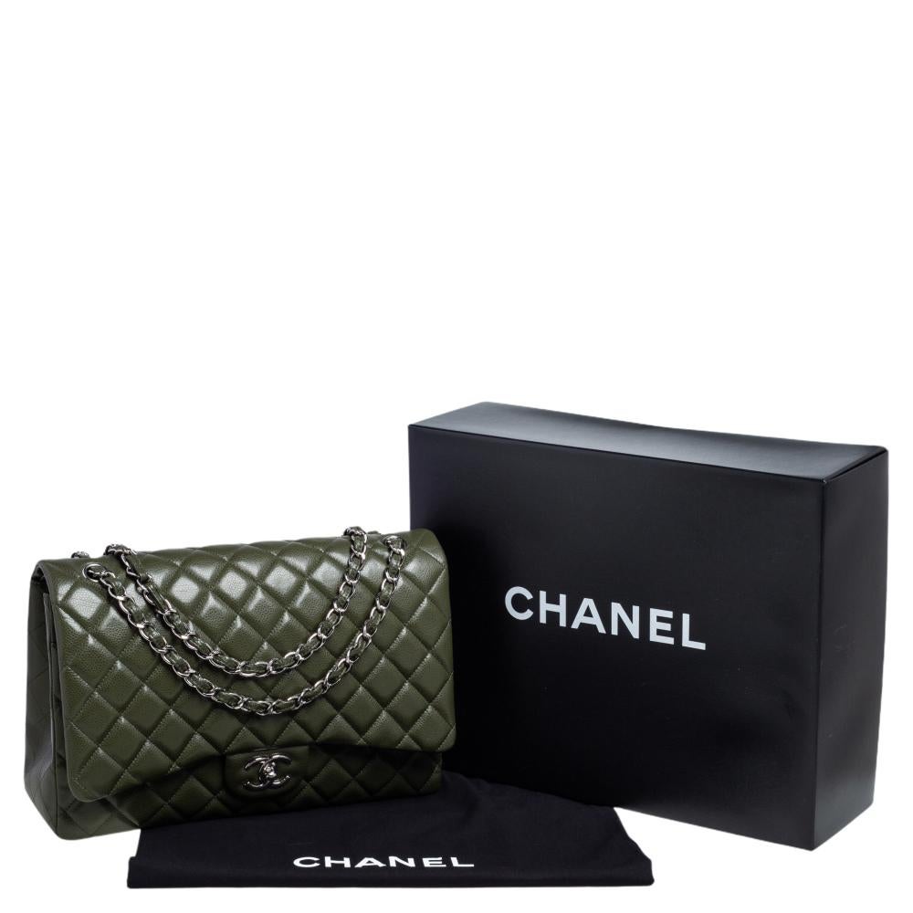 Chanel Green Quilted Caviar Leather Maxi Classic Double Flap Bag 9