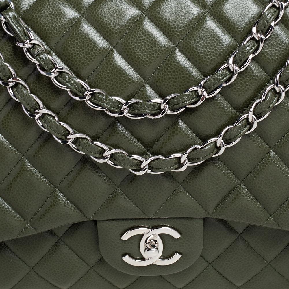 Chanel Green Quilted Caviar Leather Maxi Classic Double Flap Bag 2
