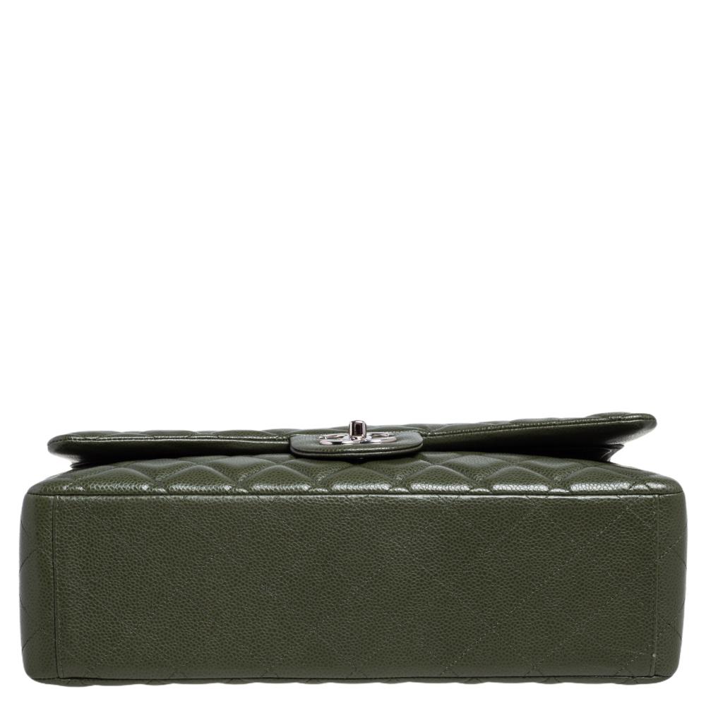 Chanel Green Quilted Caviar Leather Maxi Classic Double Flap Bag 4