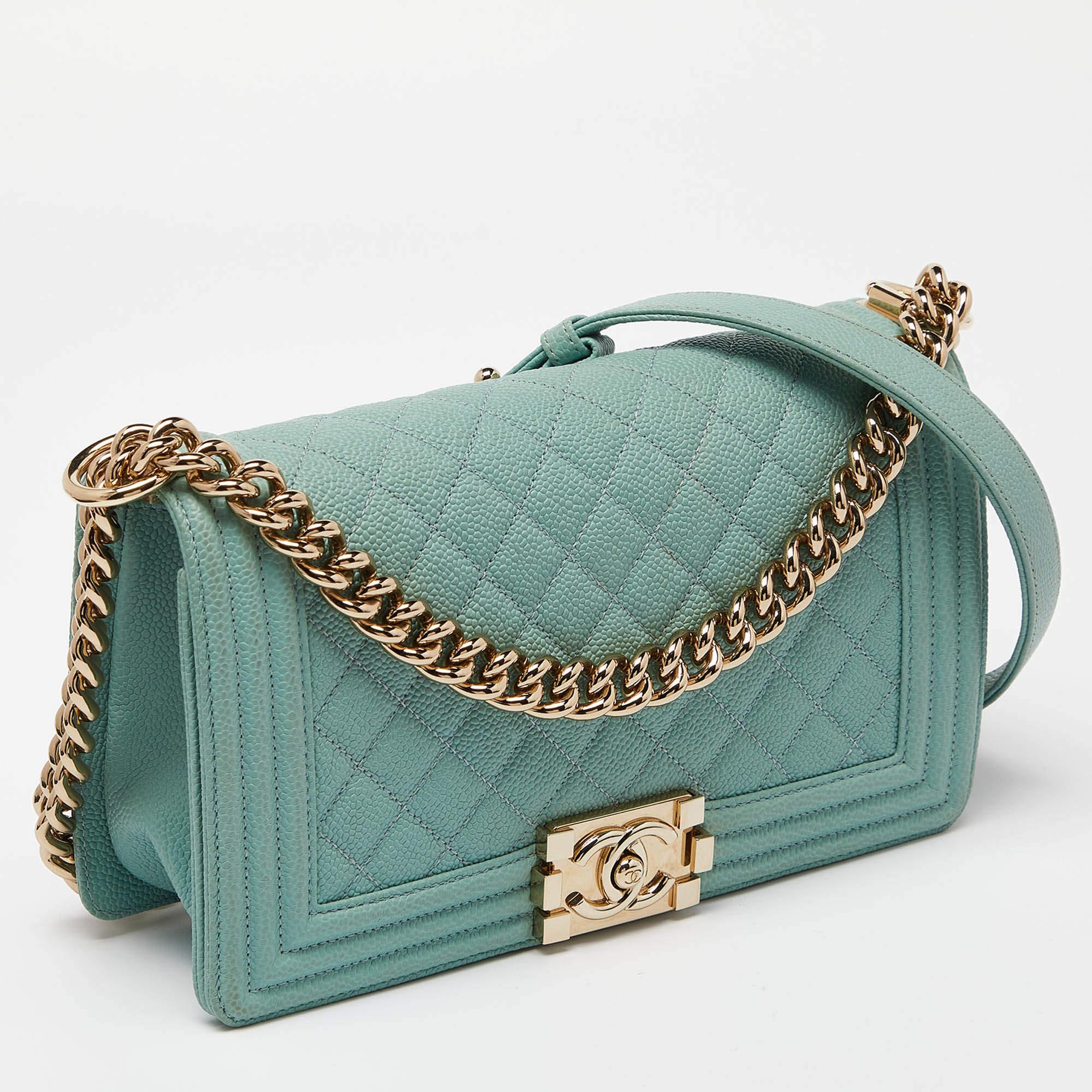 Gray Chanel Green Quilted Caviar Leather Medium Boy Flap Bag