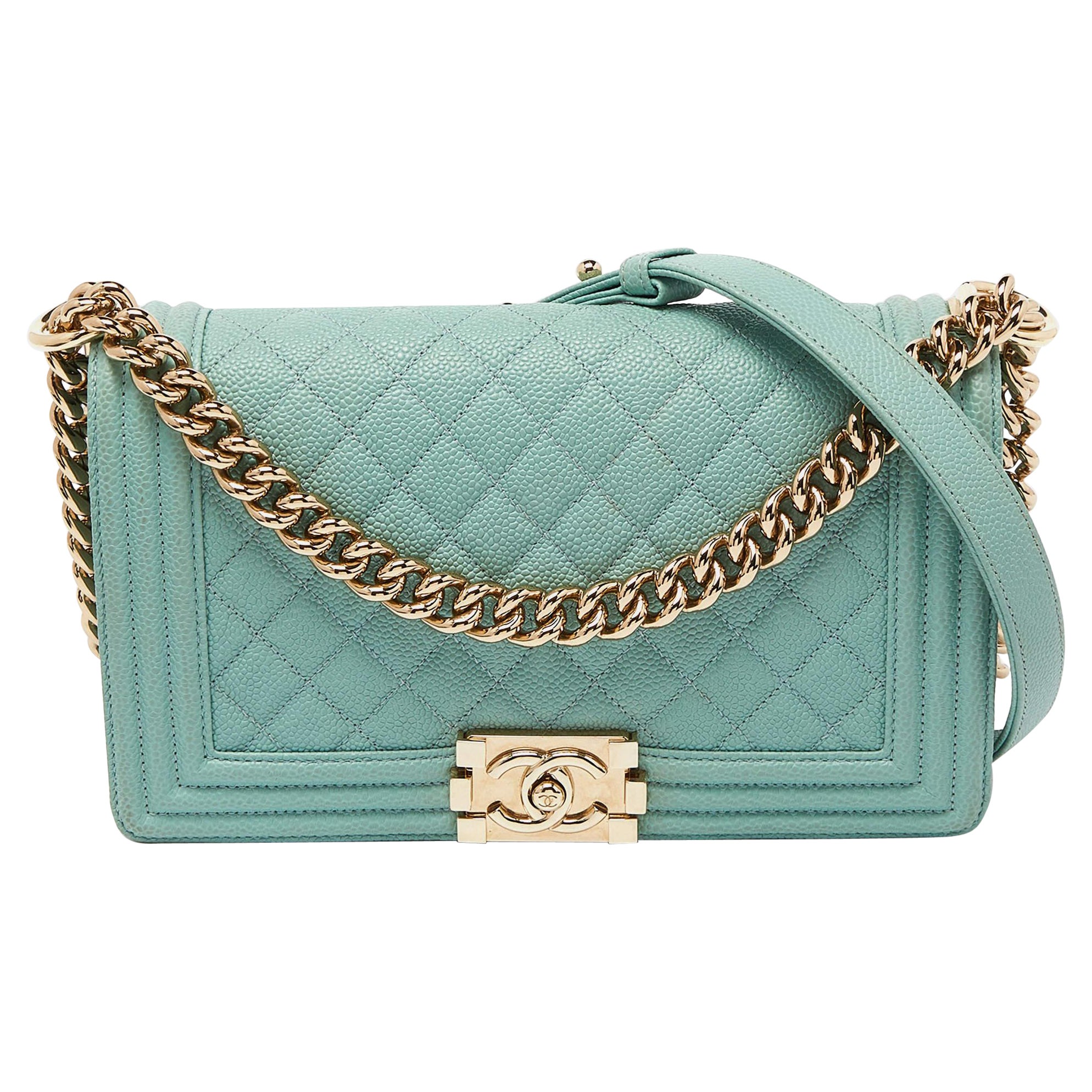 Chanel Green Quilted Caviar Leather Medium Boy Flap Bag