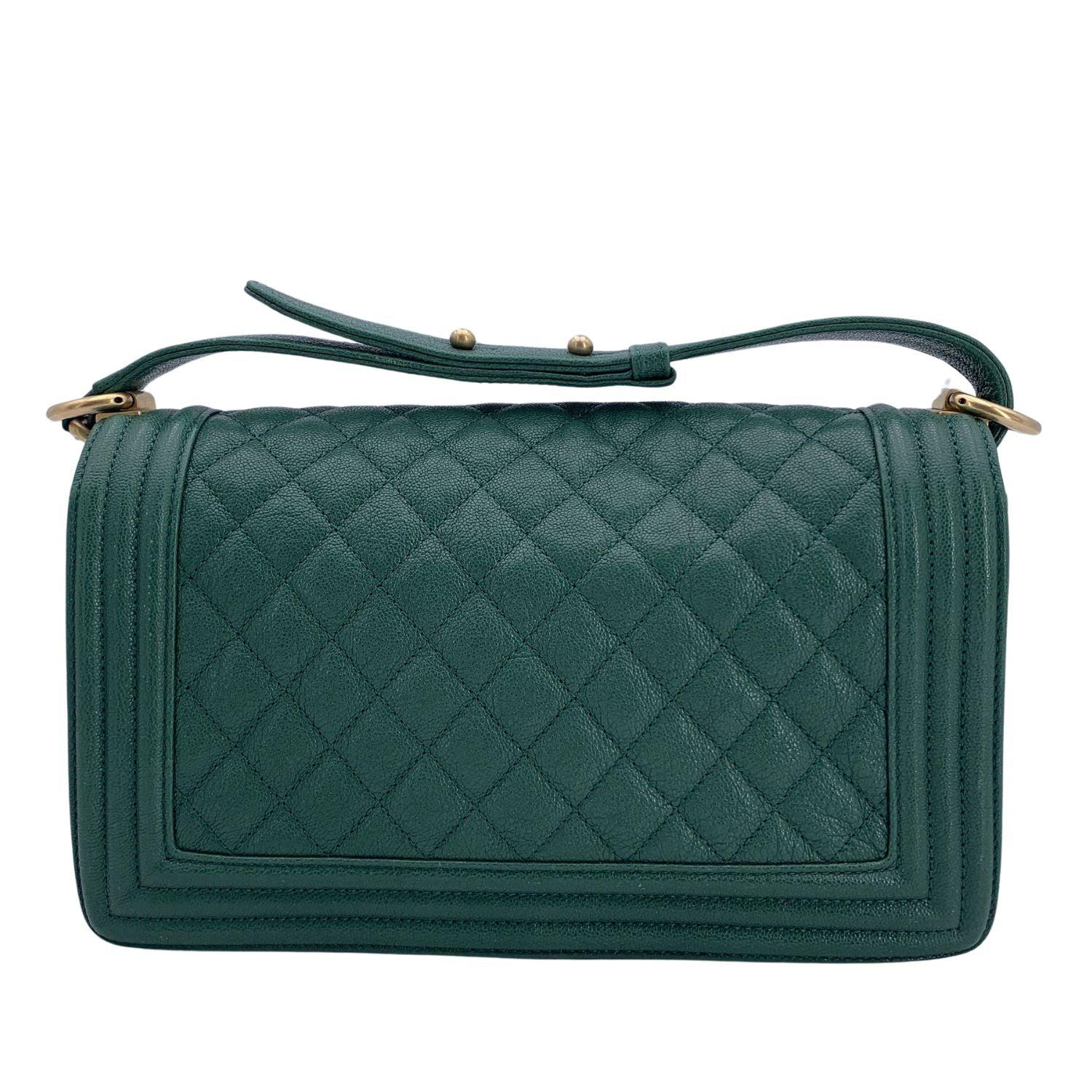 Black Chanel Green Quilted Caviar Leather Medium Boy Shoulder Bag