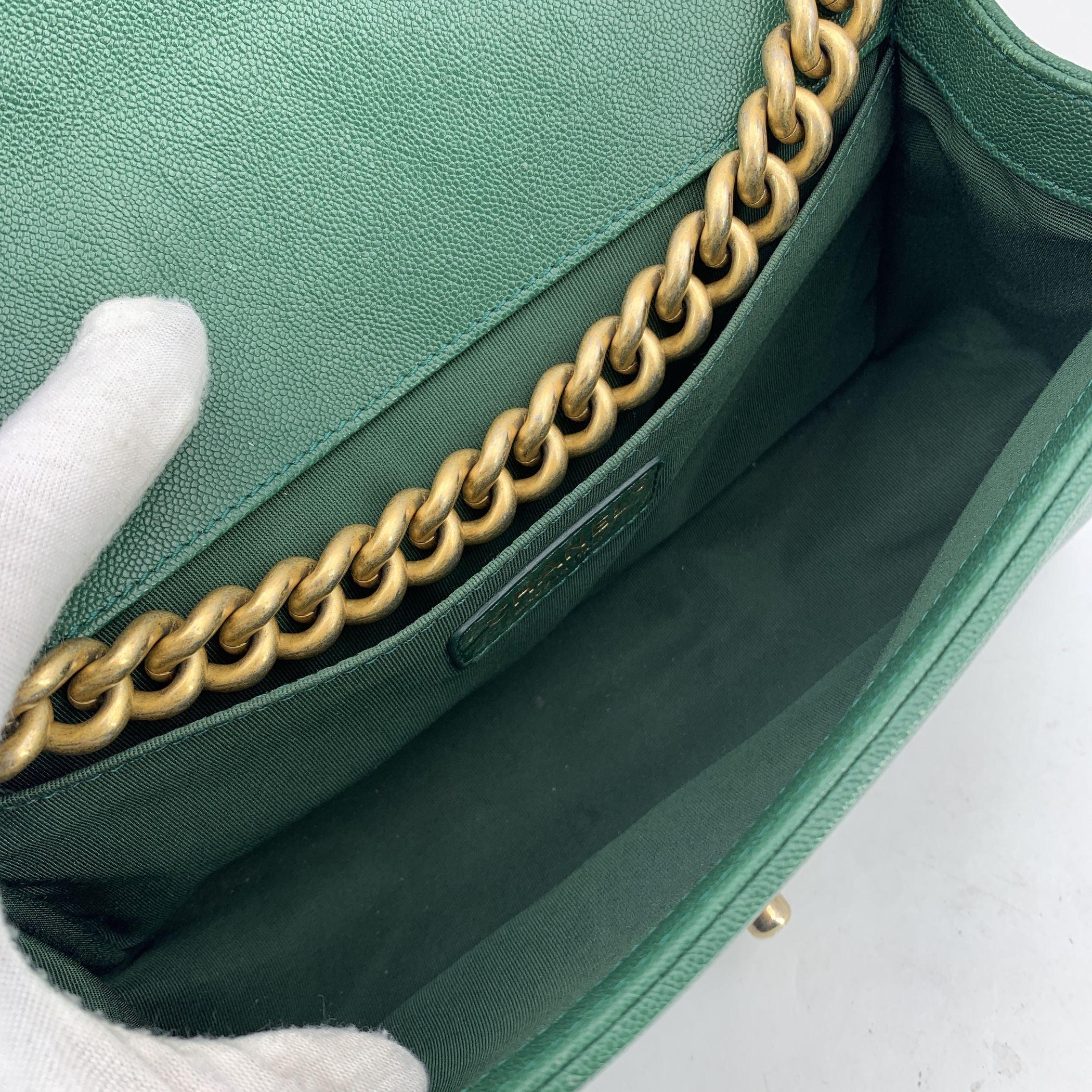 Women's Chanel Green Quilted Caviar Leather Medium Boy Shoulder Bag