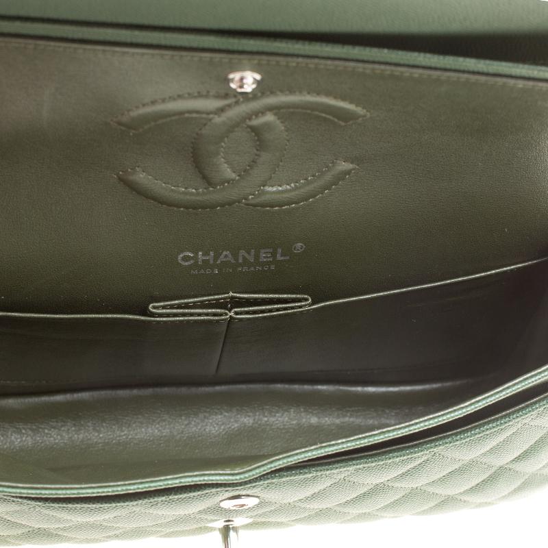 Chanel Green Quilted Caviar Leather Medium Classic Double Flap Bag 2