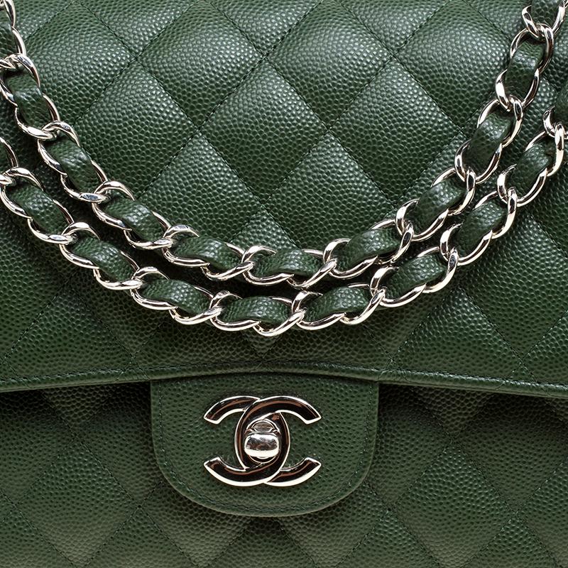 Chanel Green Quilted Caviar Leather Medium Classic Double Flap Bag 3