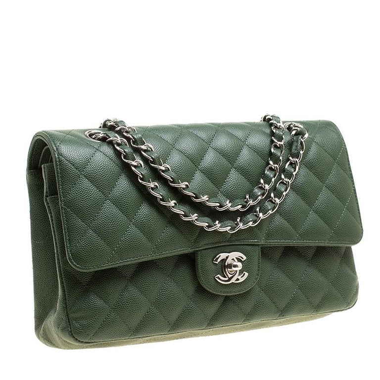 Chanel Green Quilted Patent Leather Classic Medium Double Flap Bag