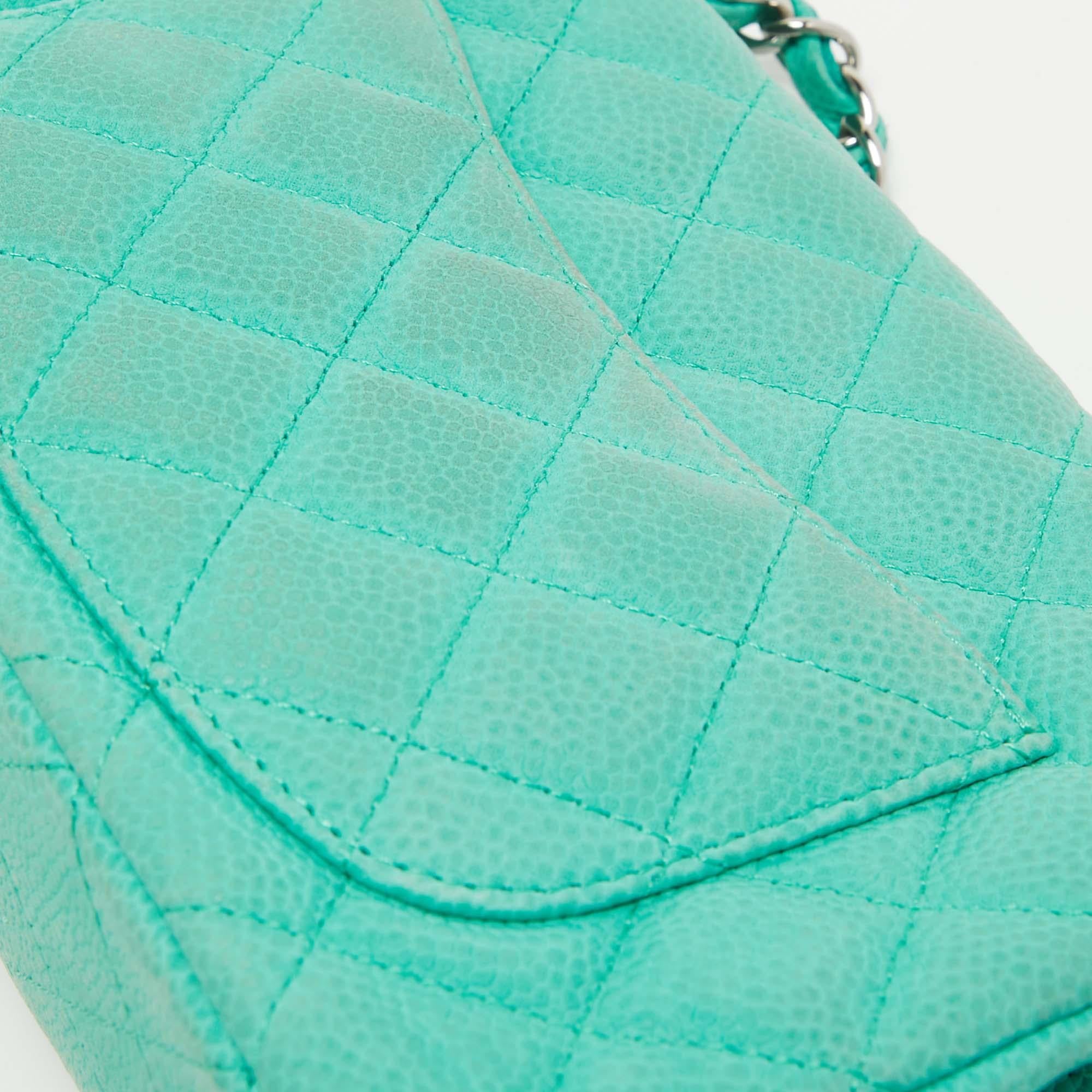 Chanel Green Quilted Caviar Leather New Mini Classic Flap Bag For Sale 2