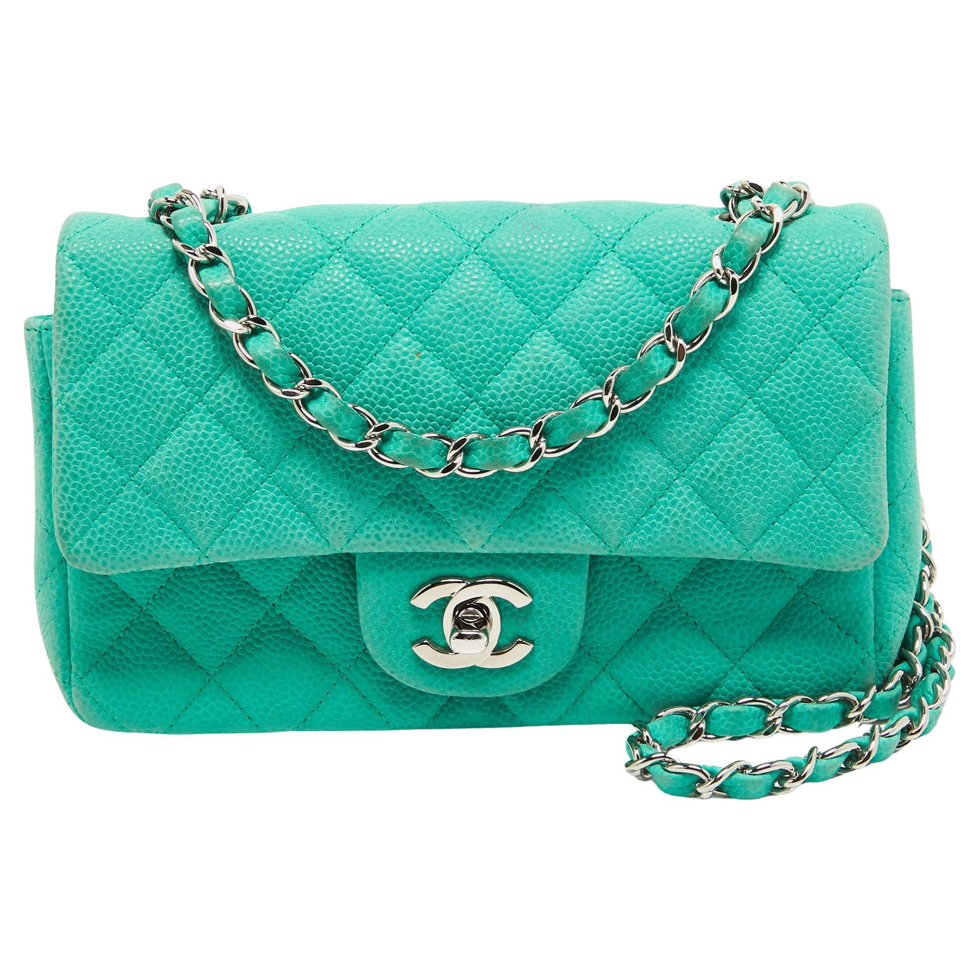 Chanel Green Quilted Caviar Leather New Mini Classic Flap Bag For Sale
