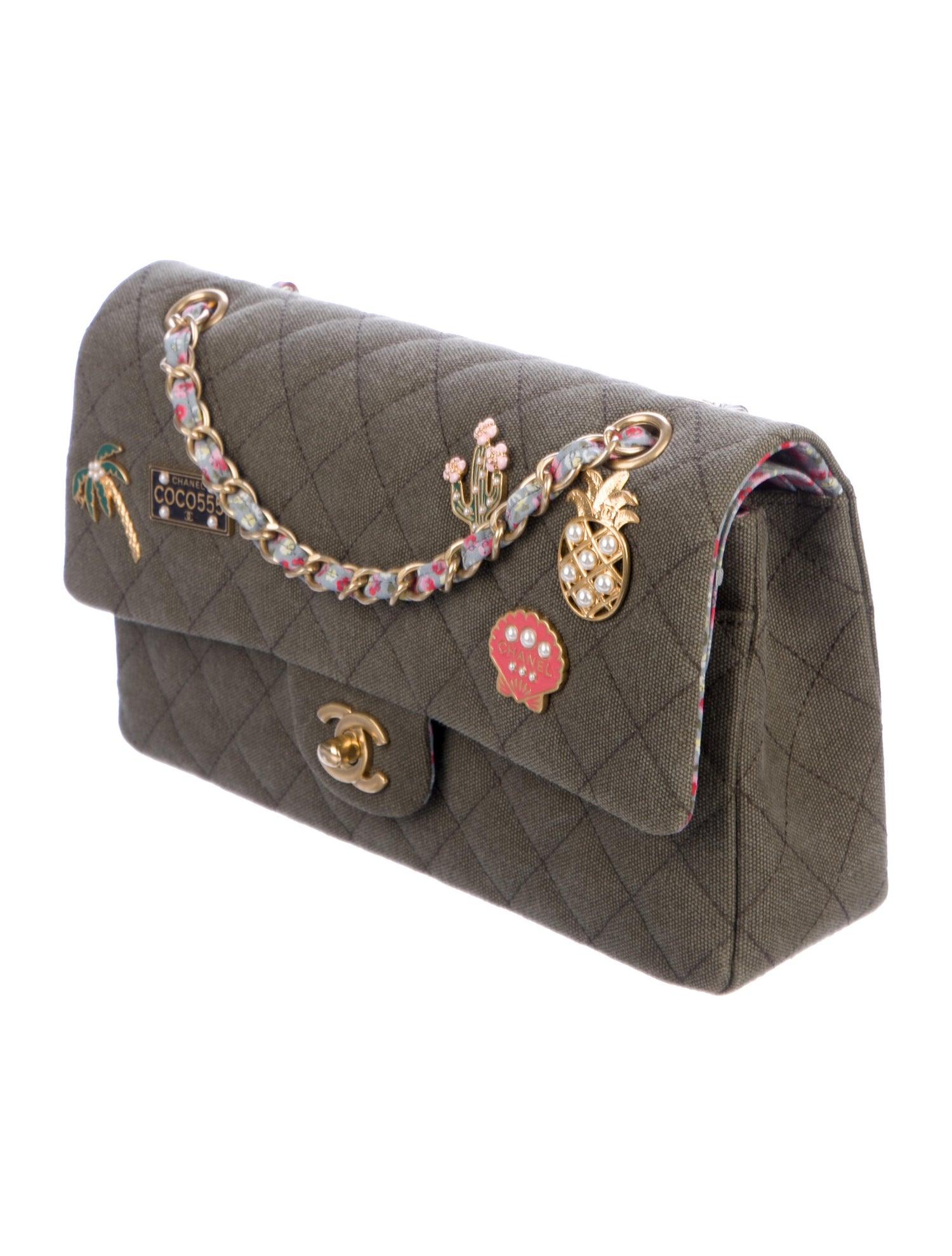 Gray Chanel Green Quilted Fabric Gold Metal Charms Evening Shoulder Flap Bag