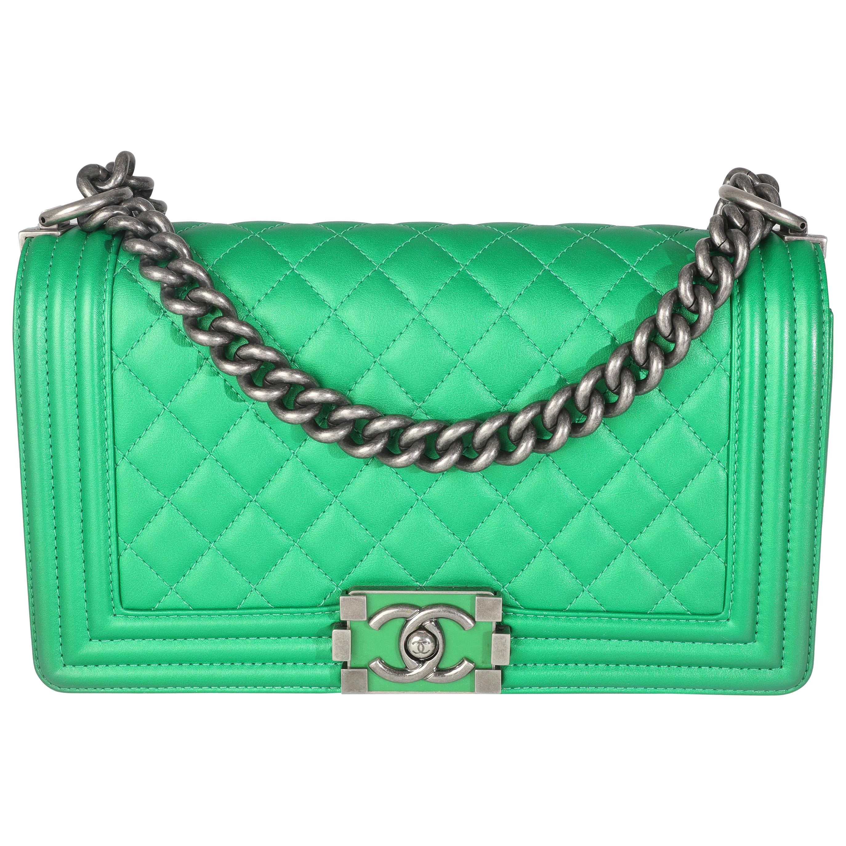 Chanel Green Quilted Lambskin Enamel CC Old Medium Boy Bag