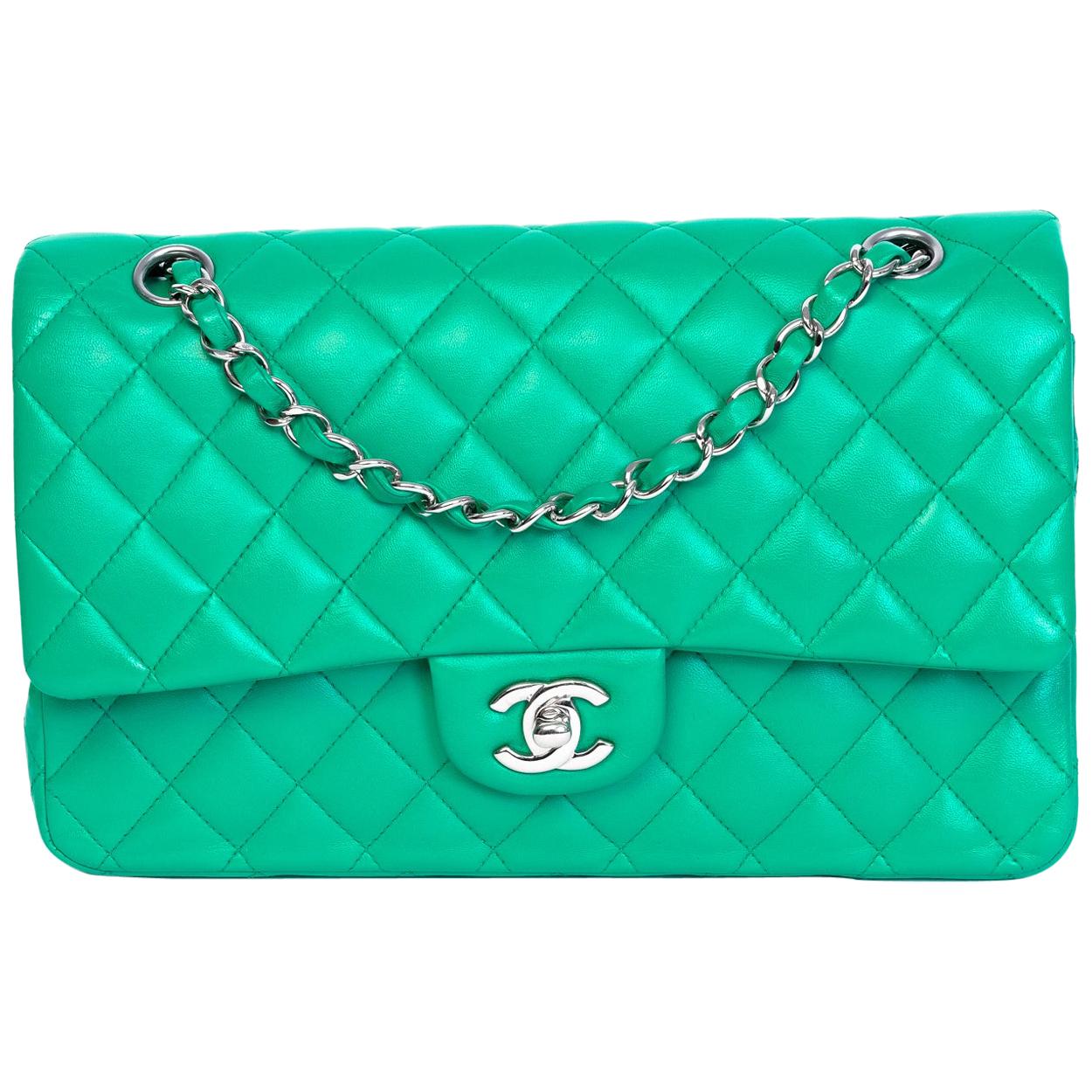 Chanel Green Quilted Lambskin Leather Medium Classic Double Flap