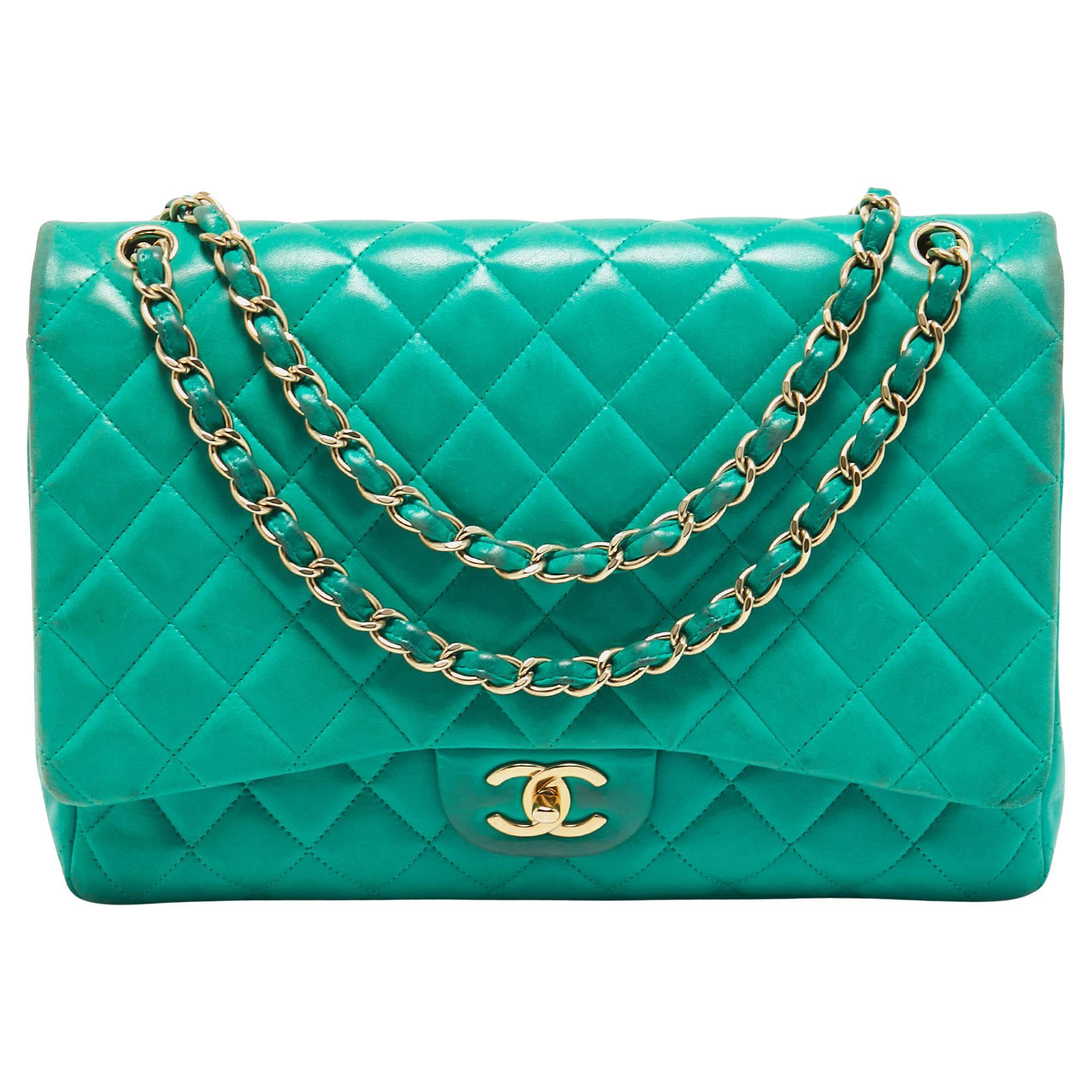 Chanel Green Quilted Lambskin Leather Maxi Classic Double Flap Bag