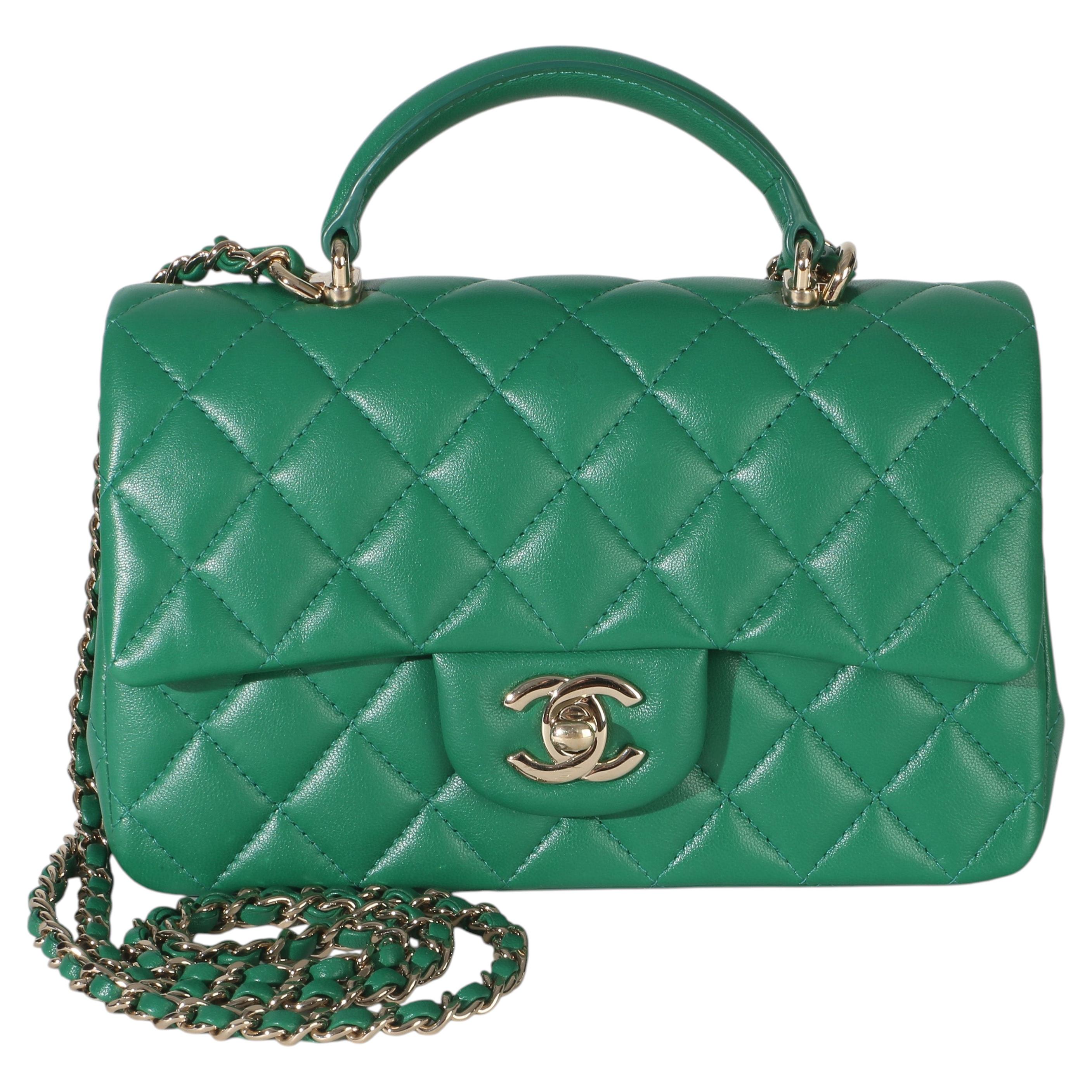 Chanel Green Quilted Lambskin Mini Top Handle Rectangular Flap Bag For Sale
