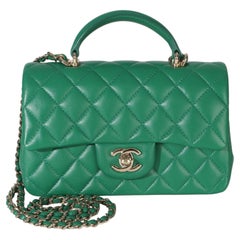 Chanel Green Quilted Lambskin Mini Top Handle Rectangular Flap Bag