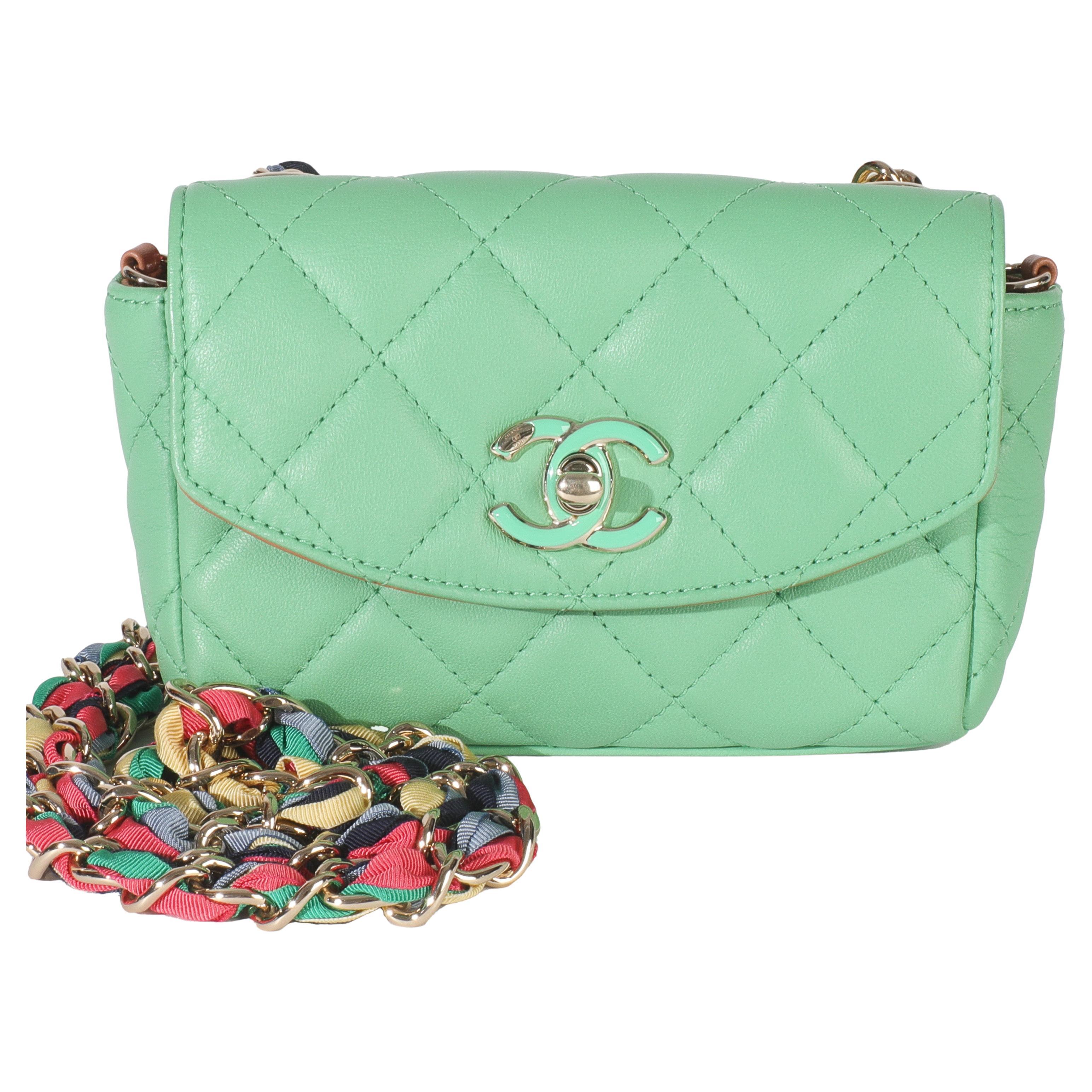Chanel Green Quilted Lambskin Ribbon Chain Mini Flap Bag