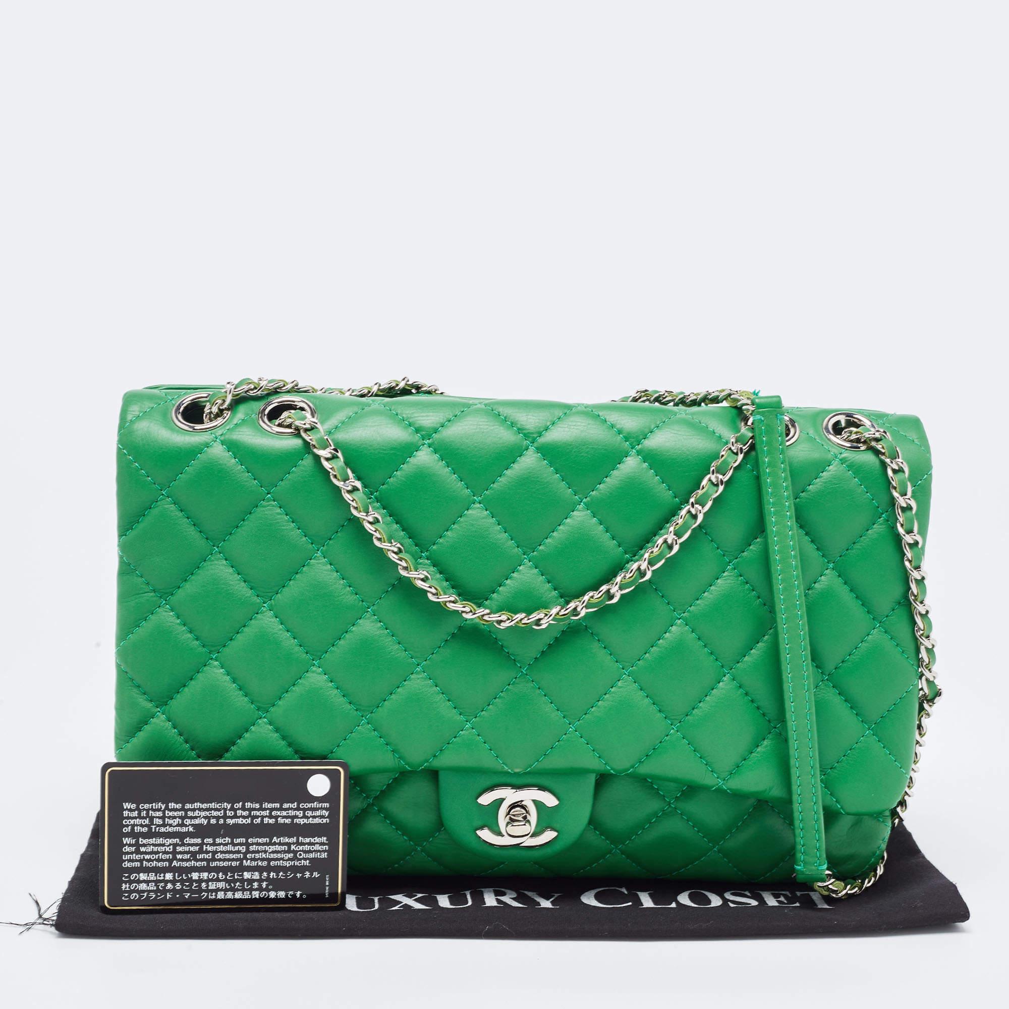Chanel Green Quilted Leather 3 Compartment Classic Flap Bag at 1stDibs