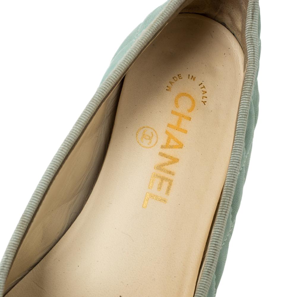 Gray Chanel Green Quilted Leather CC Bow Ballet Flats Size 38
