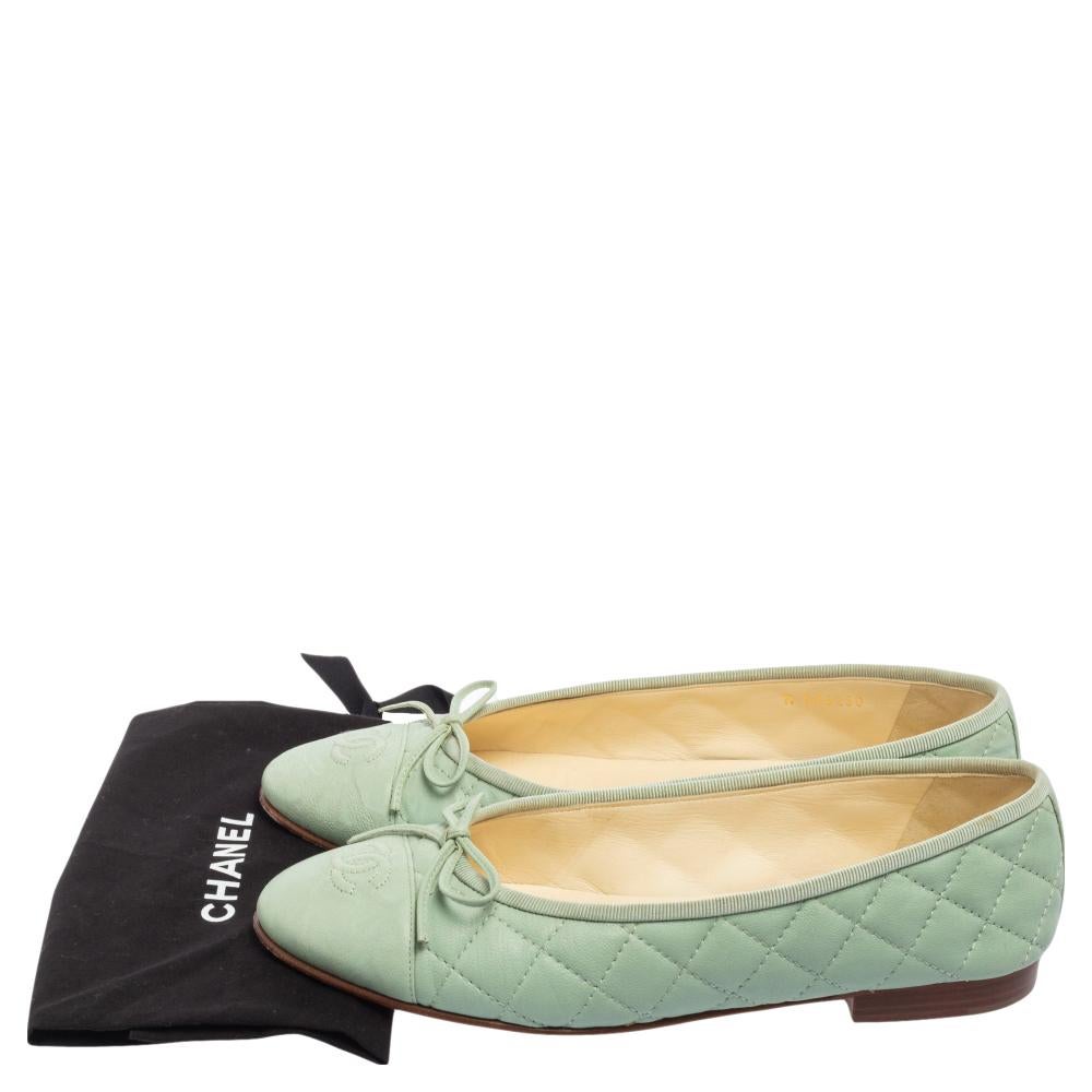 Chanel Green Quilted Leather CC Bow Ballet Flats Size 38.5 2