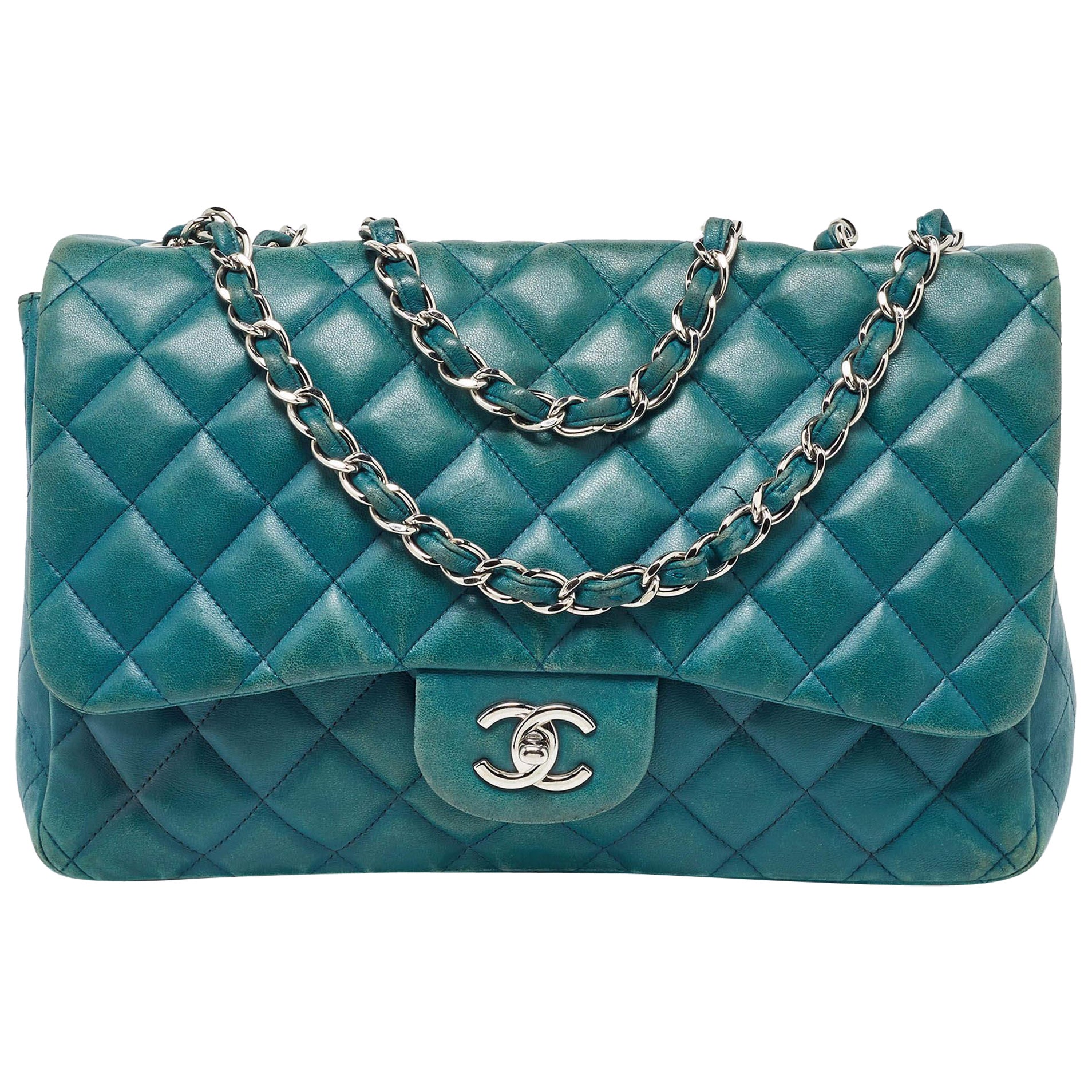 Chanel Green Quilted Leather Jumbo Classic Double Flap Bag