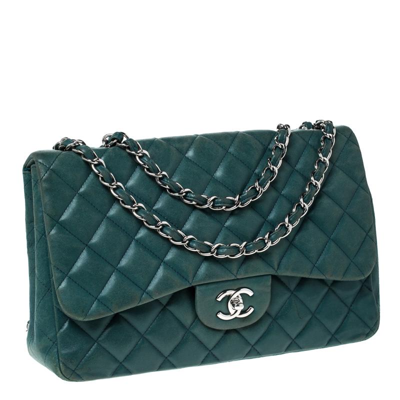 Women's Chanel Green Quilted Leather Jumbo Classic Single Flap Bag