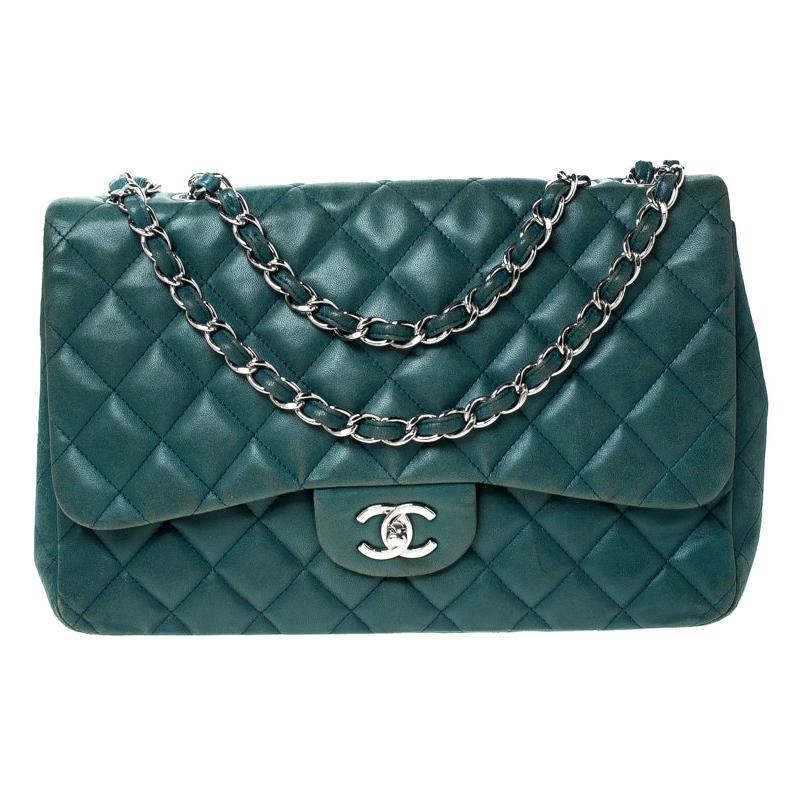 Chanel Green Quilted Leather Jumbo Classic Single Flap Bag For Sale at ...
